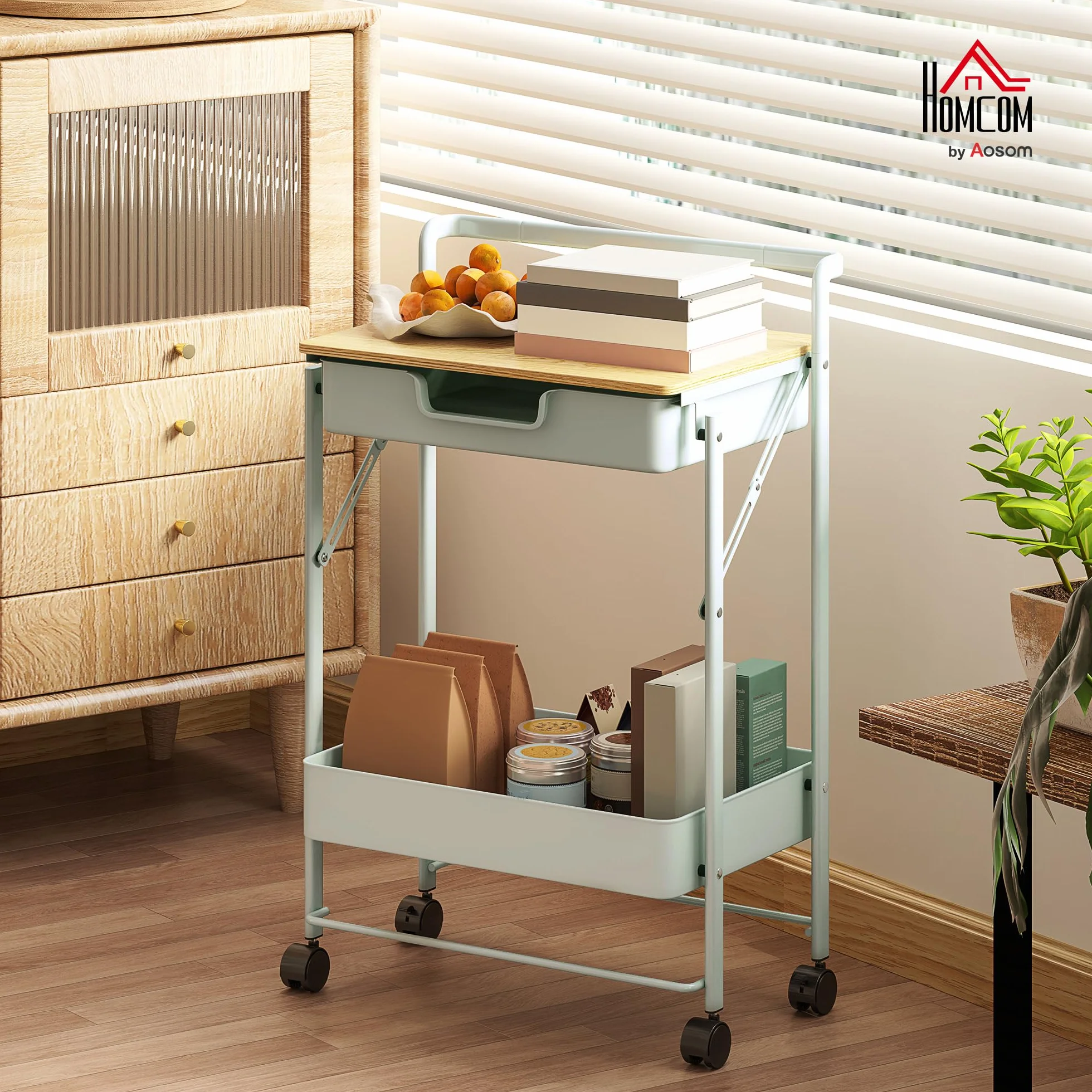 HOMCOM Carrito Auxiliar con Ruedas de 2 Niveles Carro de Cocina con 1 Cajón y 1 Cesta Carrito Organizador para Dormitorio Salón Oficina Verde Claro