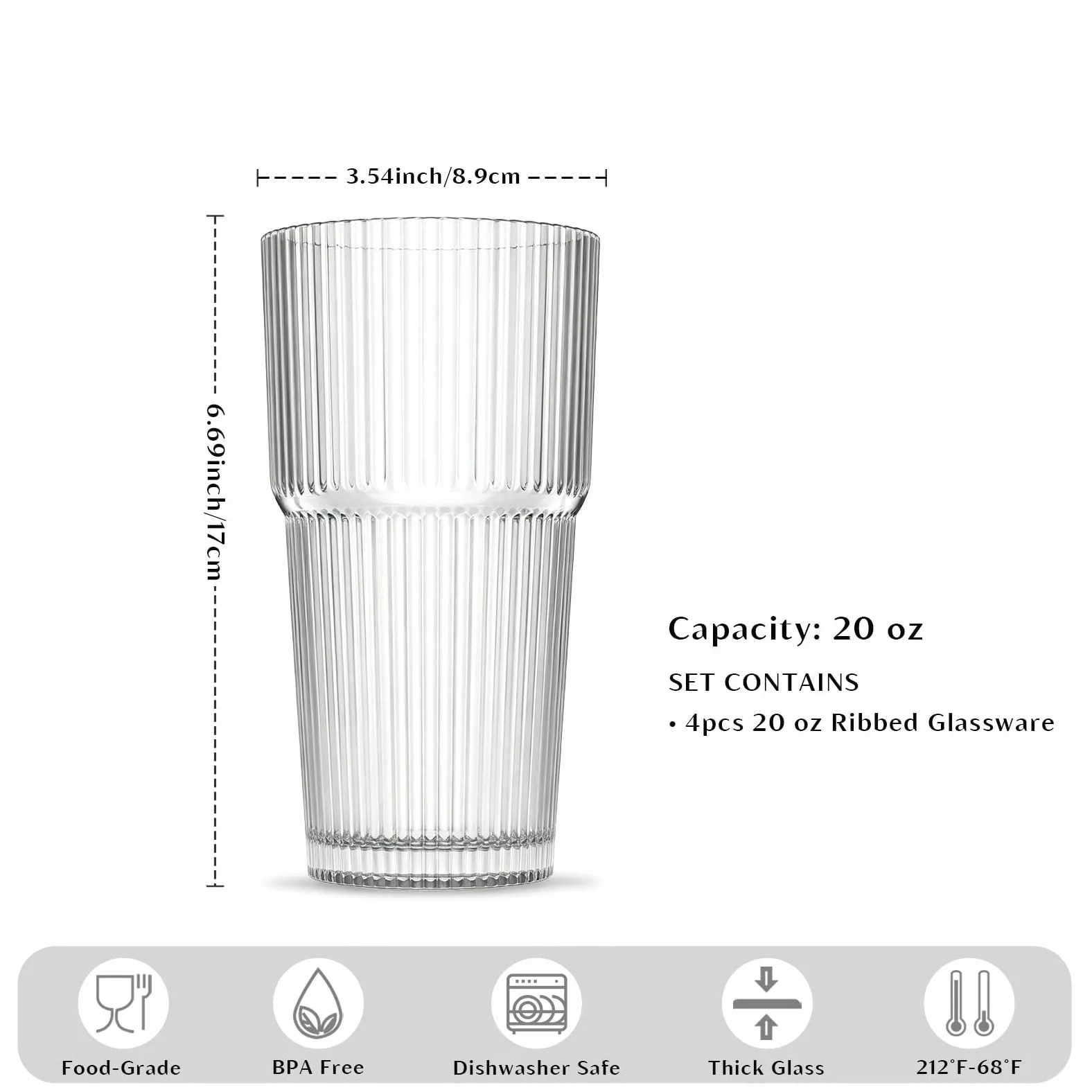 INSETLAN Juego de 4 vasos de vidrio acanalado de 20 onzas, vasos de gran capacidad para café helado, agua, jugo y cócteles, elegante cristalería moderna para uso diario y ocasiones especiales | Tazas para café helado, agua, jugo y cócteles - Elegante cris