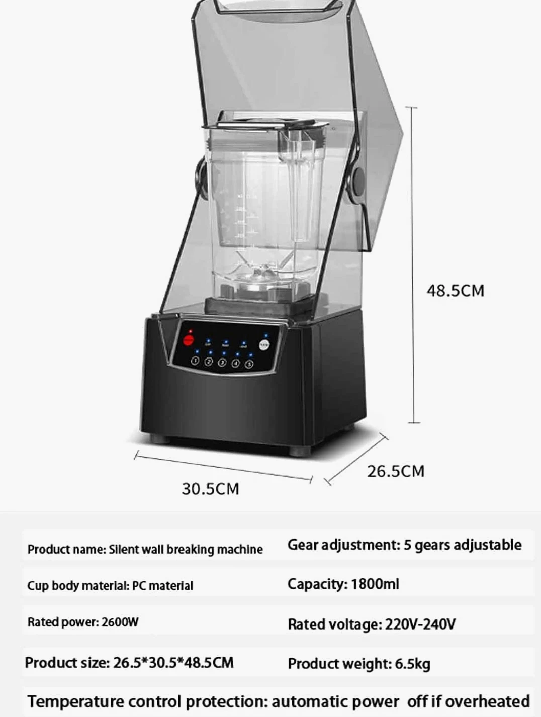 Transladora de hielo de bajo totalmente automática con cubierta insonoriza, batidora de vacío al vacío de alta velocidad, batido de 5 velocidades, ajustable adecuado para la tienda de té de leche