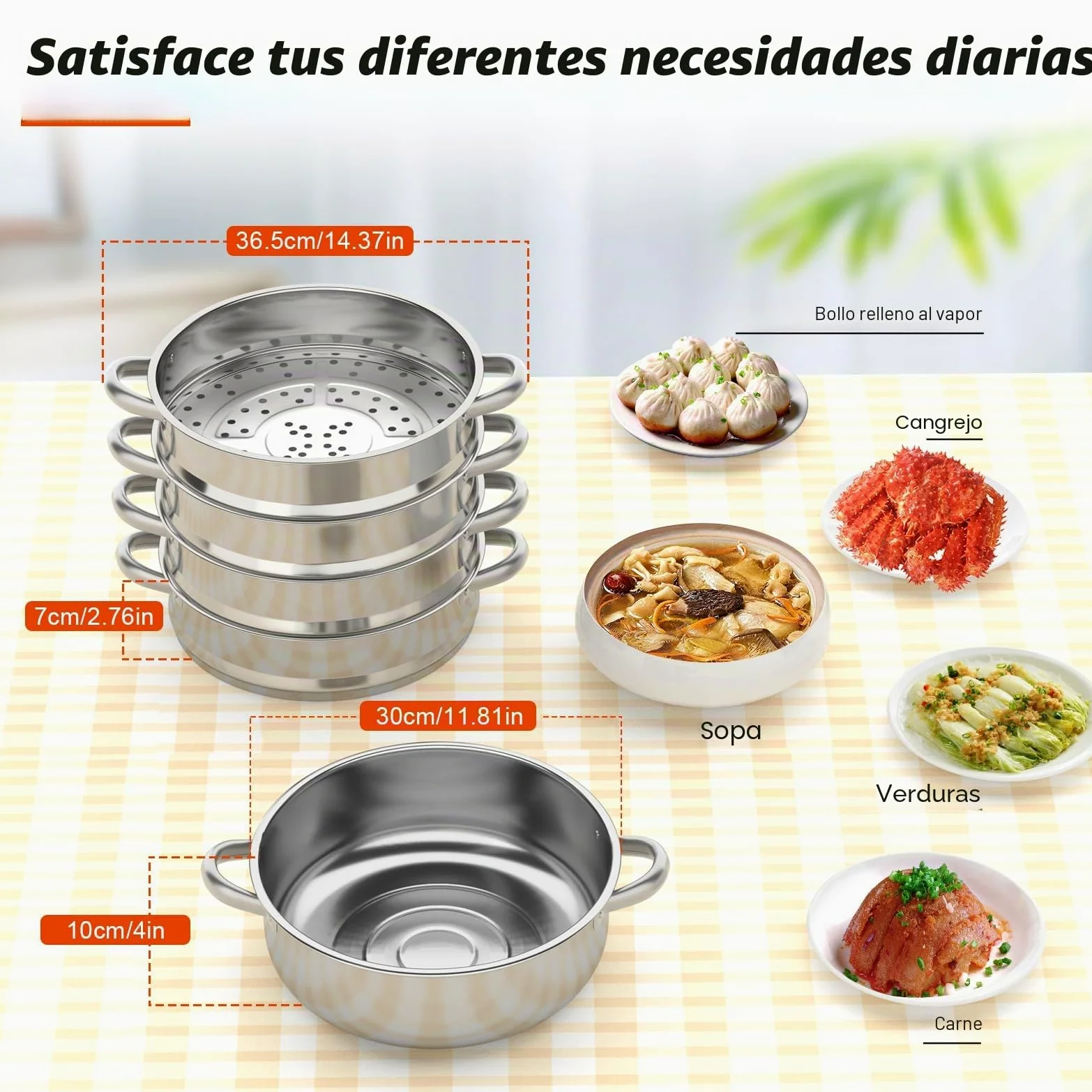 Olla de vapor con 5 niveles de acero inoxidable, 26/28/30 cm de acero inoxidable con tapa de cristal y dos compartimentos de vapor, mango engrosado, compatible con mayoría placas de cocción (30cm)