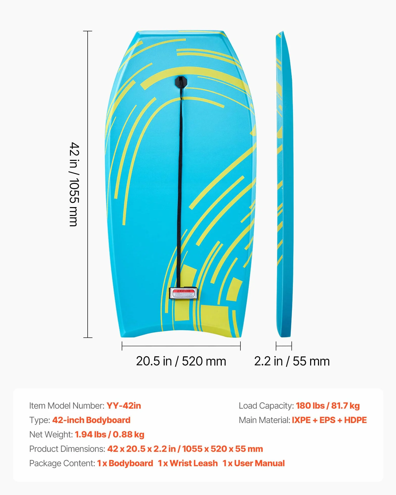VEVOR Tabla de Bodyboard 105,5 cm EPS Espuma Correa Muñeca 81,7 kg UV Principiantes Jóvenes