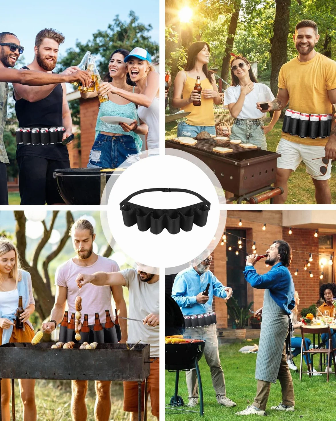 Cinturón Porta Cervezas con 6 Portavasos Nylon, para Fiestas Camping Viajes Barbacoa Negro
