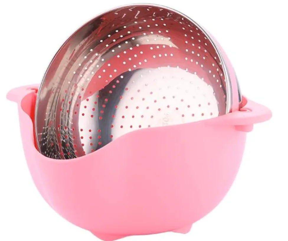Colador Colador 2 en 1 Cestas de Frutas giratorias para Cocina Coladores microperforados Desmontables Autodrenantes para Pasta Arroz Espagueti Fideos Ensaladas Verduras (Azul)-Pink