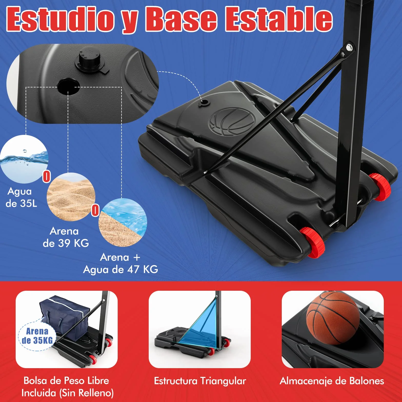 COSTWAY Canasta Baloncesto Exterior Altura Ajustable 10 Niveles 1,55-3,1m Móvil Ruedas Aro Baloncesto Bolsa Peso Niños Adultos