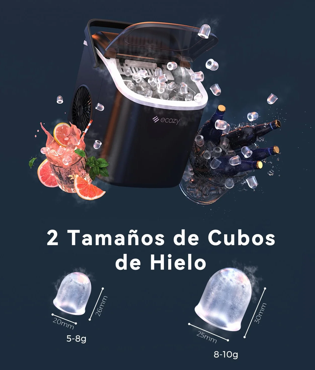 ecozy Máquina de Hielo, 12 Kg/24 Koras, 9 Cubitos de Hielo en 6 Minutos, 2 Tamaños de Hielo, Máquina de Hielo Autolimpiante, Maquina de Hielo Portátil Para Casa el Hogar/Fiesta/Cocina/Bar