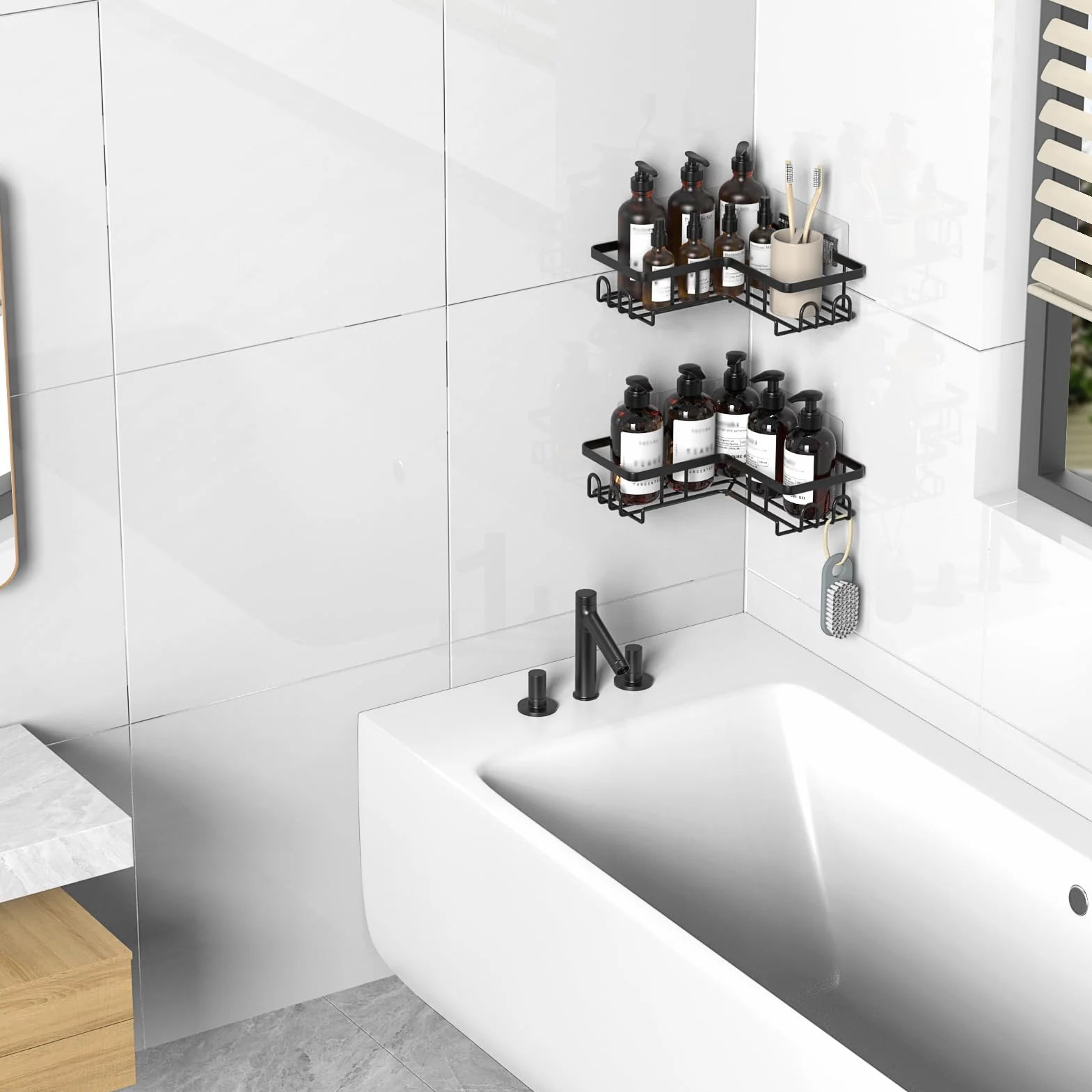 Estanteria Baño sin Taladro, Estante Rinconera Ducha con Adhesivo, Baldas Baño Organizador Ducha, Accesorios Ducha (Negro, 2 Cesta)