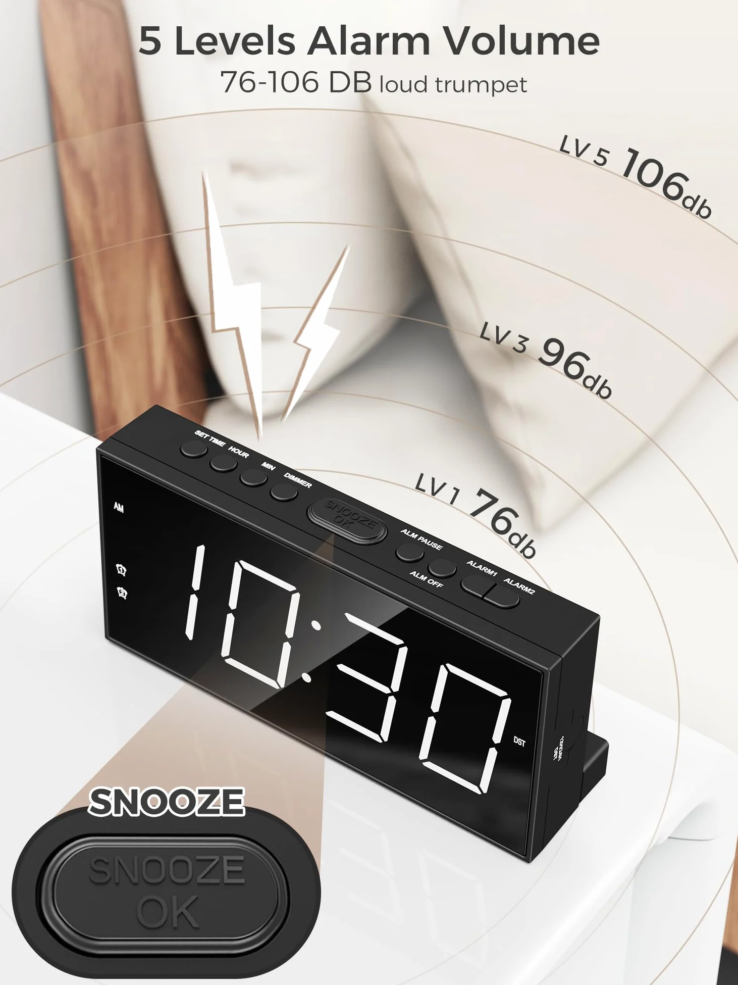 Reloj despertador para dormitorio, 2 relojes despertadores, pantalla grande LED fuerte, reloj con puerto de carga USB, volumen ajustable, regulable, repetición, reloj digital simple para dormir