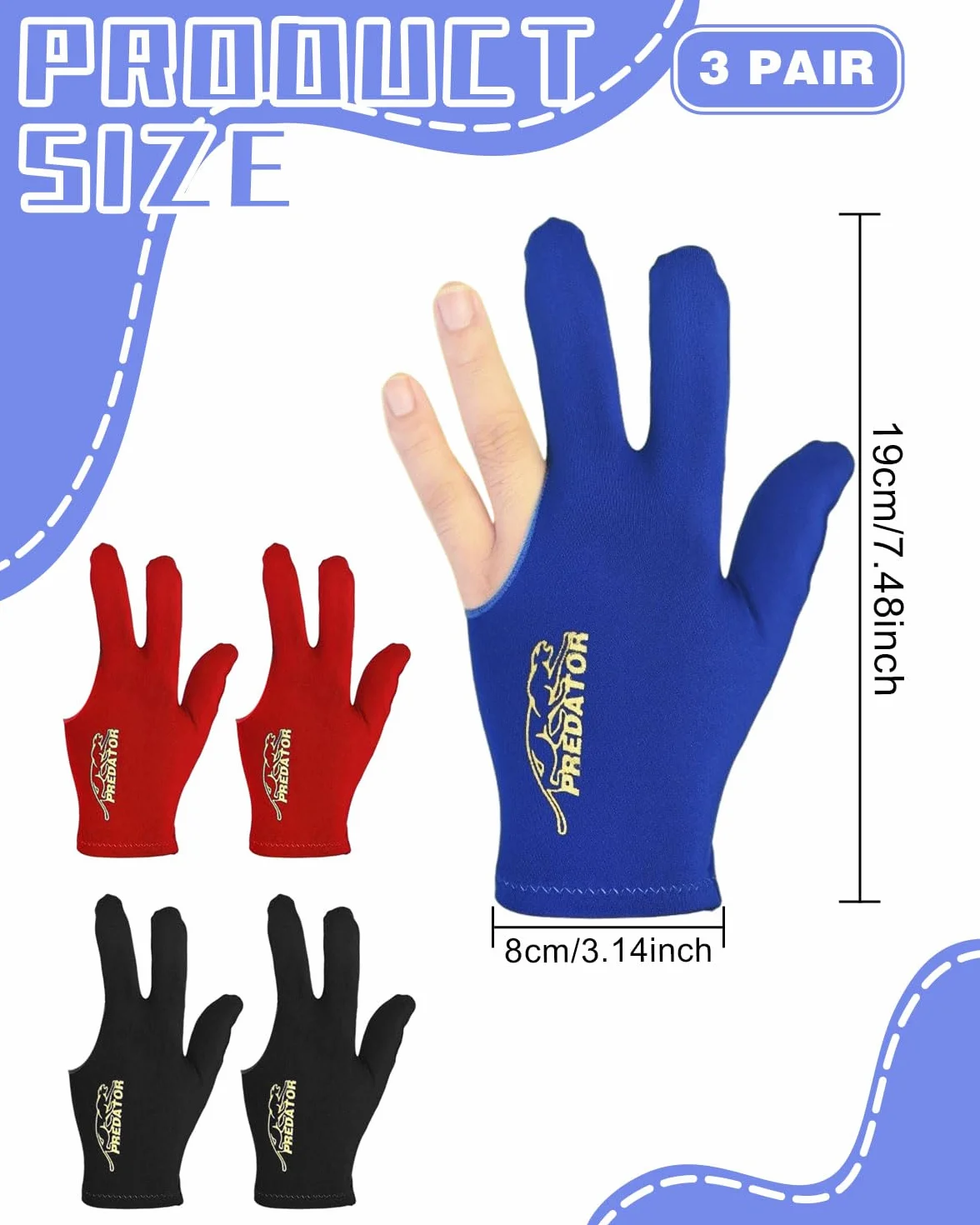 6 piezas Guantes de billar con 3 dedos, unisex, elásticos, para accesorios de billar(negro + azul + rojo)