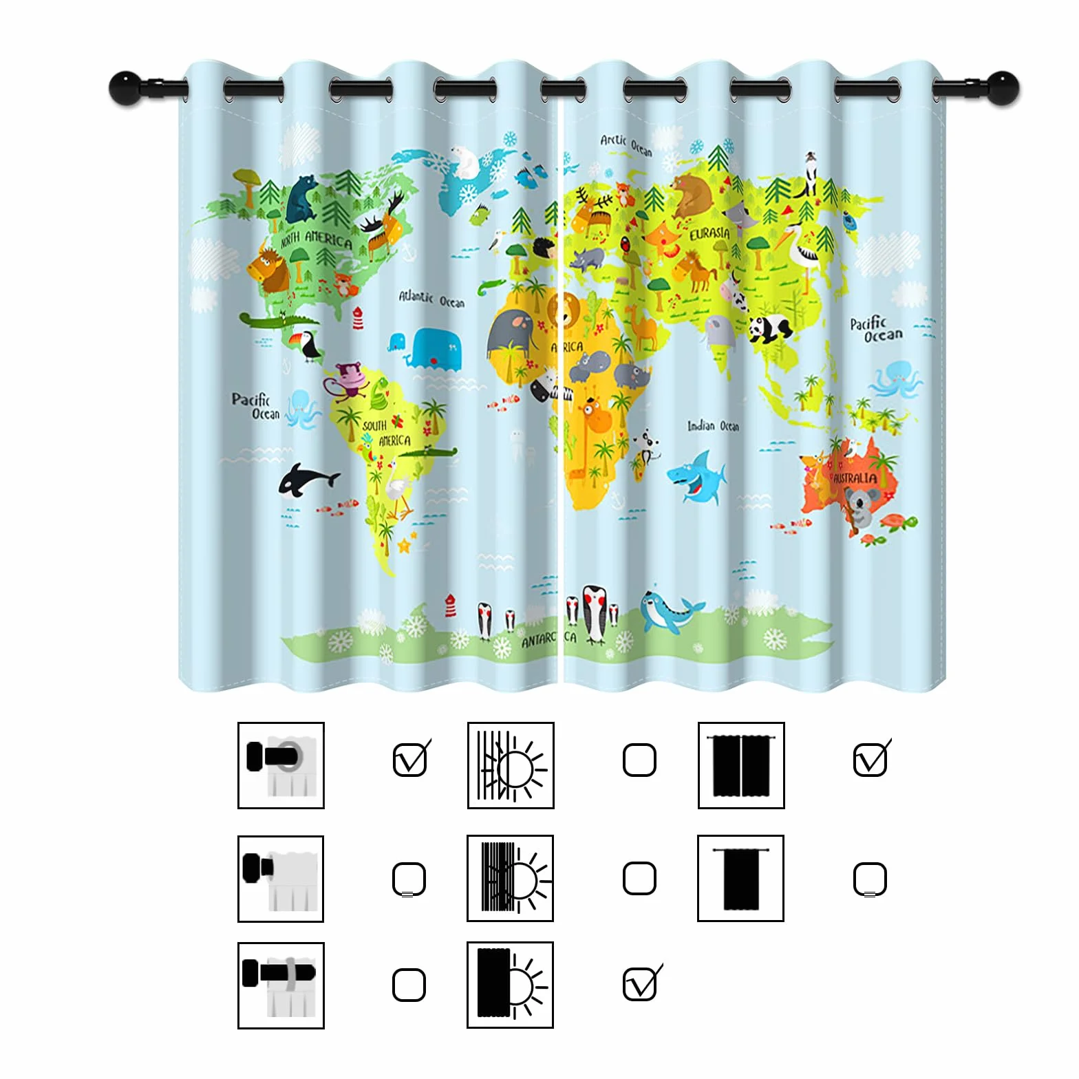 YONGFOTO 117x183cm Dibujos Animados Mapa Cortinas Opacas Global Ocean Cute Animal World Monumentos Baby Blue Maps por Sala Dormitorio Infantil Cortinas de Ventana, 2 Paneles con Ojal