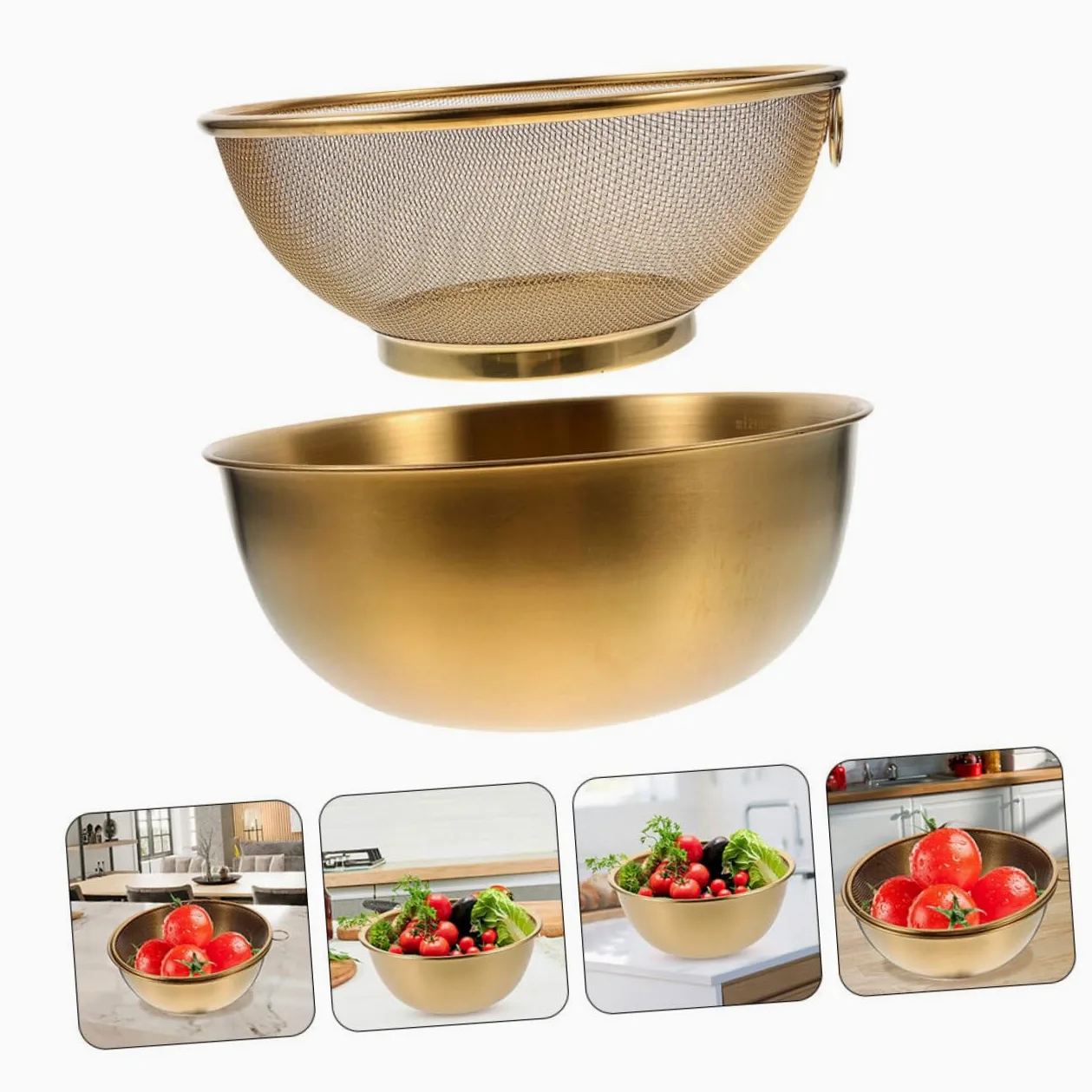 Colador de Malla Fina y Cesta de Drenaje 24 Cm de Acero Inoxidable Dorado para Lavar Arroz y Frutas, Práctico para Cocina y Lavado de Verduras, Juego de 2 Piezas