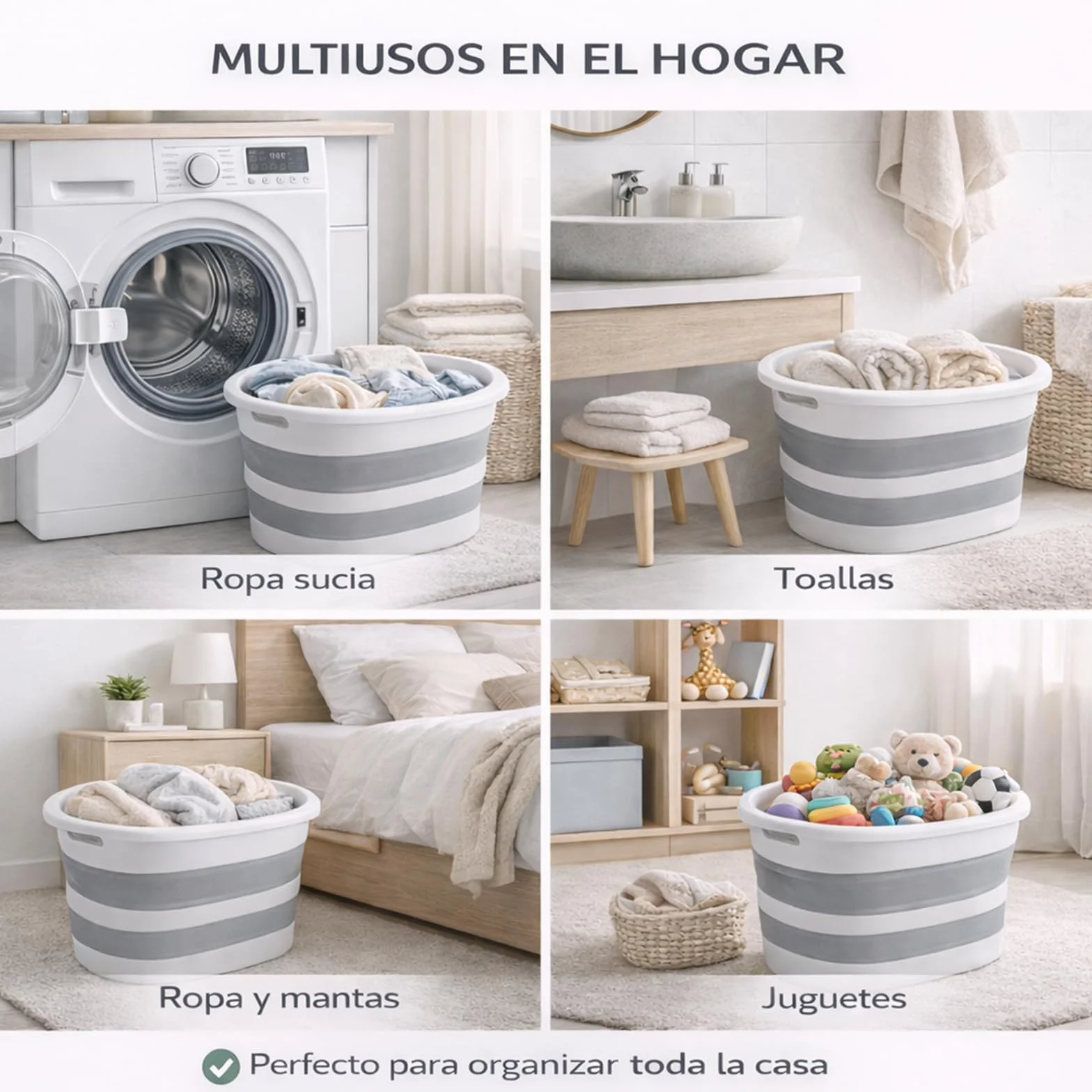 ForenTex Cesta Ropa Sucia Plegable 36L con 2 Bolsas de Lavado, Barreño para Colada, Cesto de Lavandería de TPR+PP Resistente, Ahorra Espacio para Baño, Lavandería y Dormitorio, Gris y Blanco