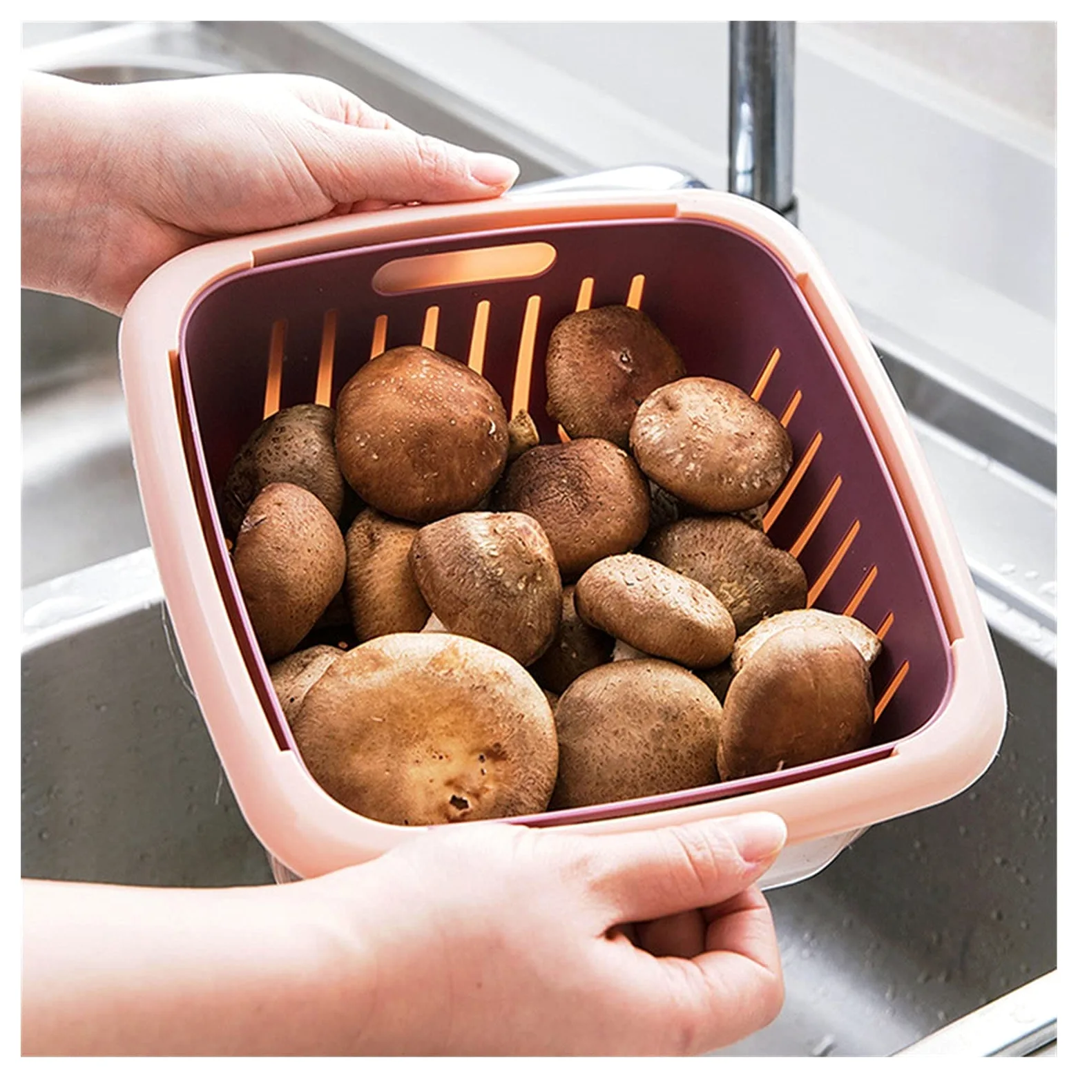 Colador de Cocina Tazón de canasta de drenaje con tapa Cuadrado Fruta Vegetal Cuenca Cesta de lavado Cocina Sellado Fresco Mantenimiento de almacenamiento Caja de almacenamiento Juego de Crisper Colad