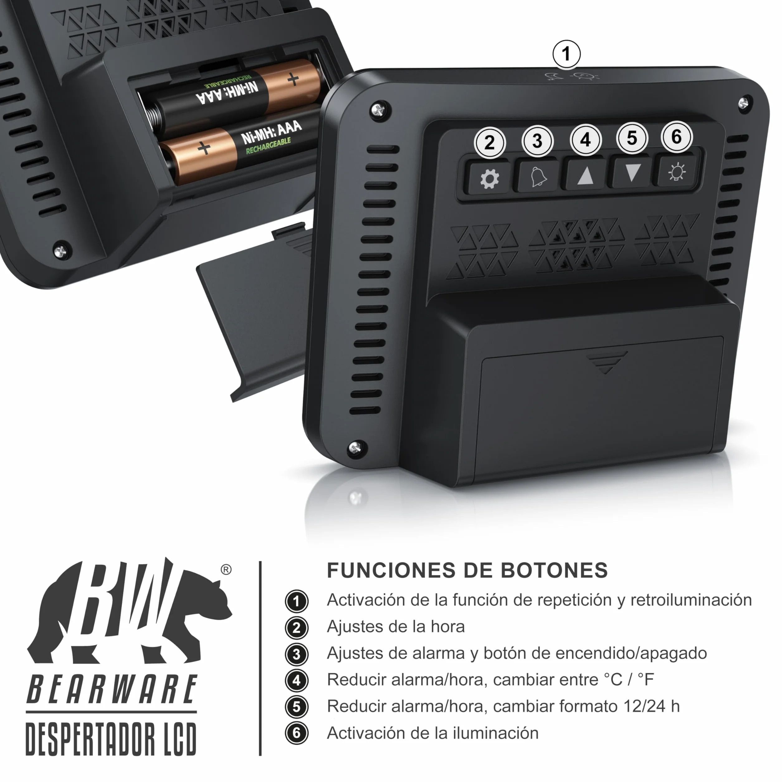 Reloj Despertador Digital con 9cm Pantalla LED de Temperatura Fecha y día, Alarm Cloc Snooze Termómetro Formato 12/24 Horas, Reloj Digital de Mesa de Viaje para Sala de Oficinas Familiares