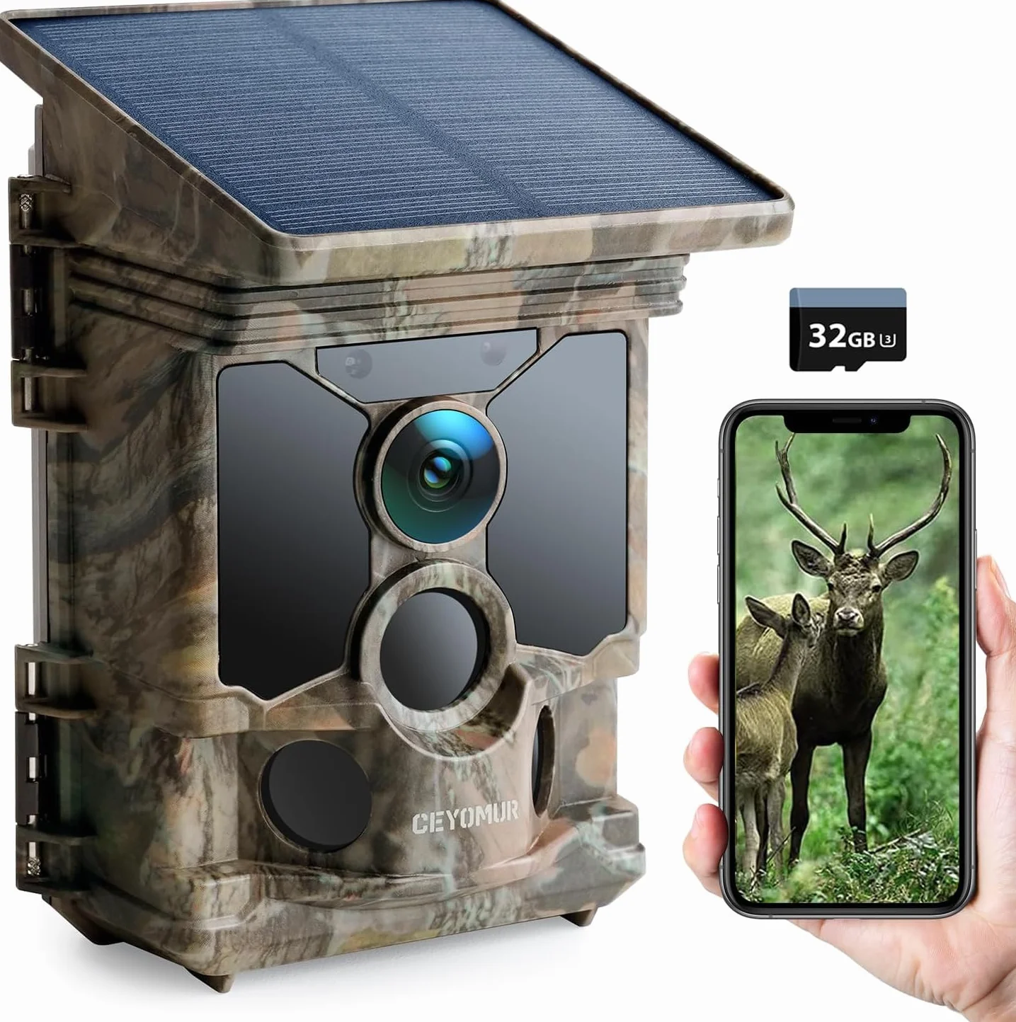 CEYOMUR Cámaras de Caza Solar 68MP 4K 30fps WiFi Bluetooth IP66 Impermeable Visión Nocturna 5200mAh