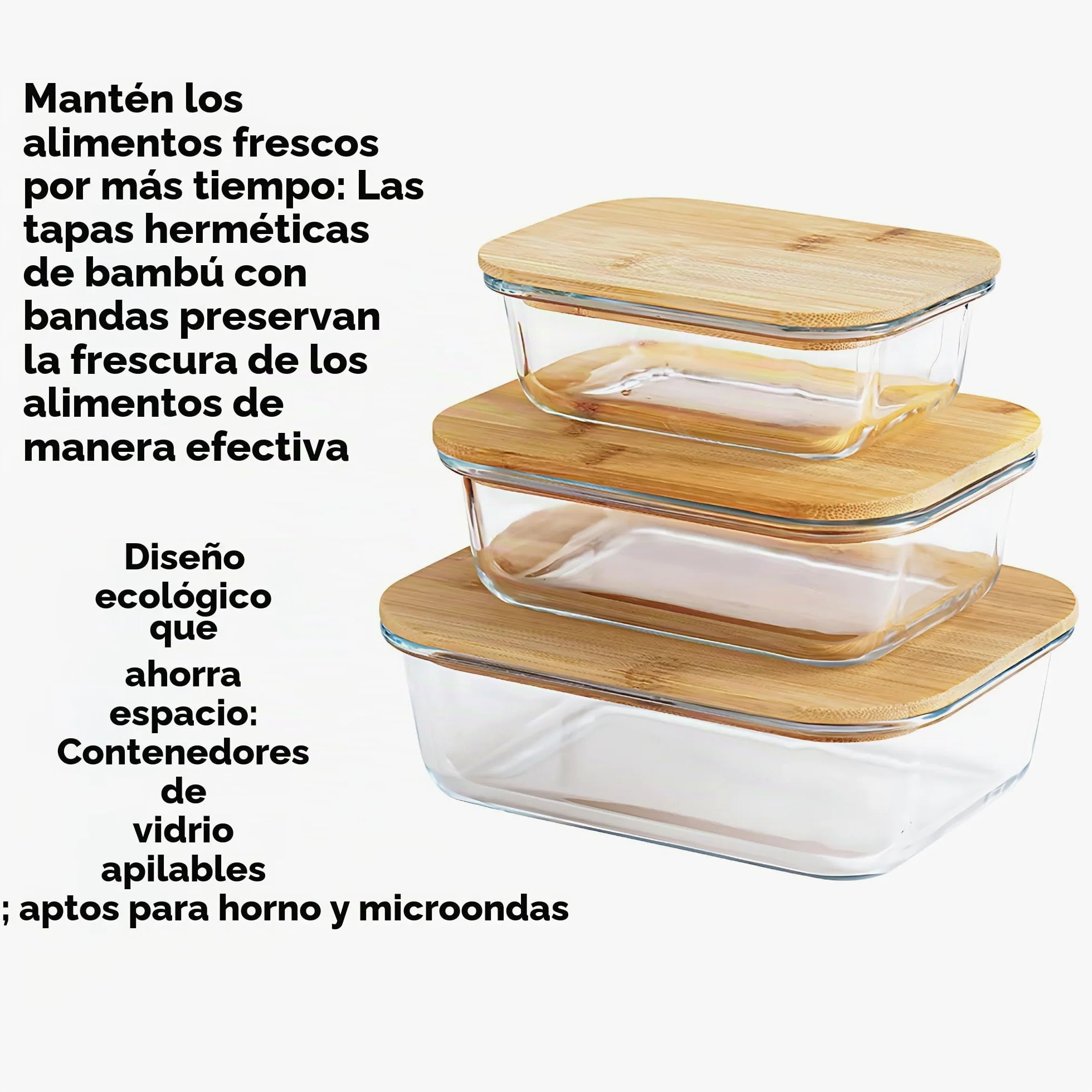 Vellichor Europe Recipientes de vidrio para almacenamiento de alimentos con tapas herméticas de bambú, juego de 3, ecológicos, sin plástico, tamaños versátiles, aptos para microondas y horno,