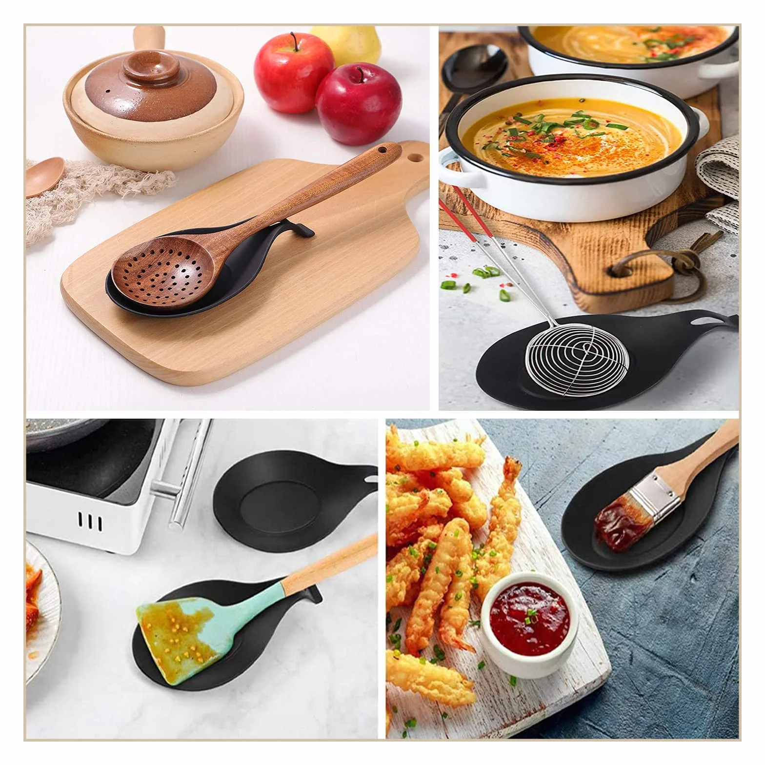 2 Piezas Kitchen Silicone Big Spoon Rest, Reposa Cucharas Silicona de Grado Alimenticio, Soporte De Cuchara Negro, para Cocina Hogar Comedor Utensilios de Almacenamiento de Cocina - Negro