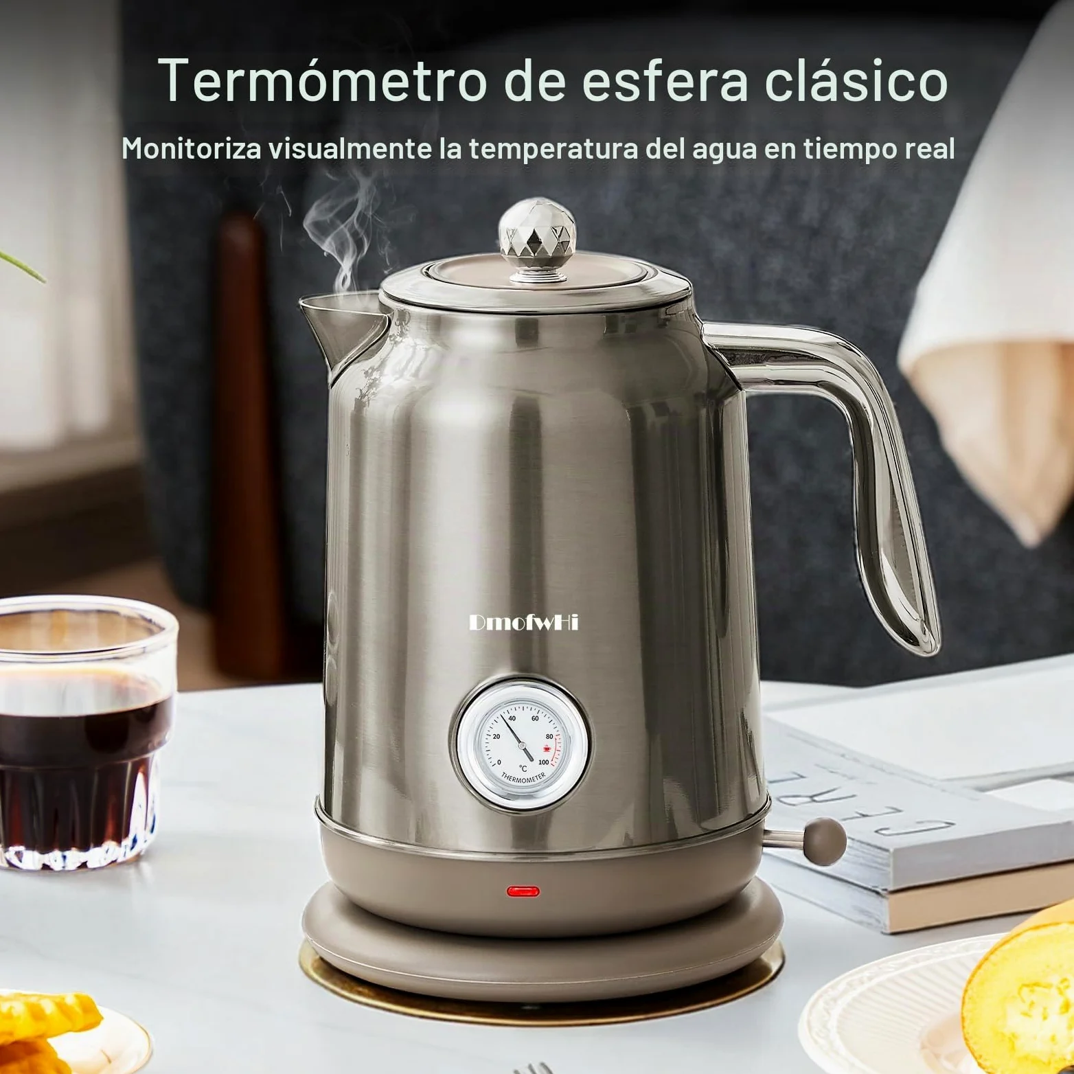 DmofwHi Hervidor de Agua Eléctrico de 1,7 Litros - Tetera Electrica con Termómetro e Indicador de Temperatura - Apagado Auto & Protección Ebullición Seca - Para Café, Té y Familia (Cromo)
