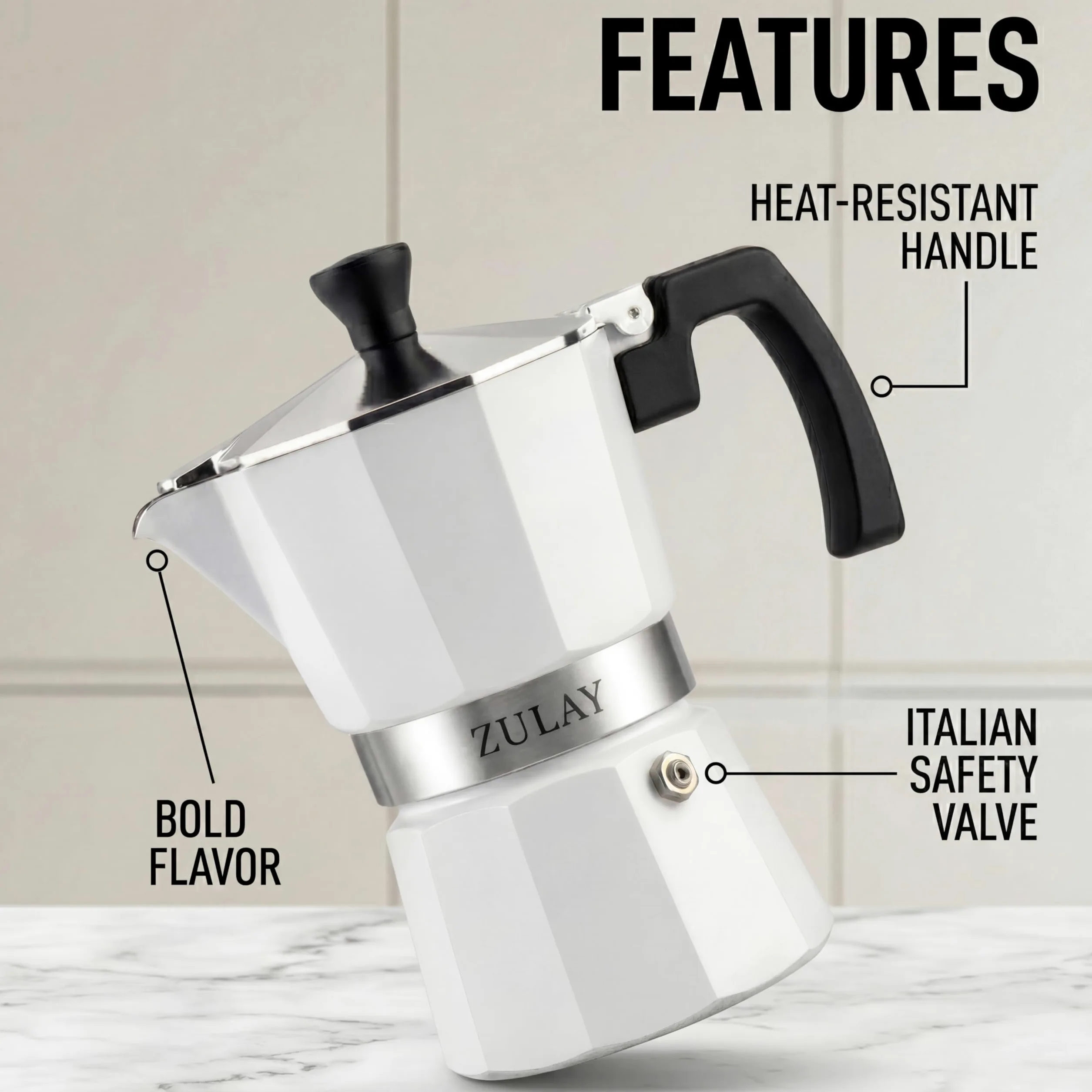 Zulay Premium Moka Pot Espresso - Cafetera espresso a prueba de fugas - Perfecto para auténtico espresso de estilo cubano e italiano - Hace 3 tazas de espresso, color blanco