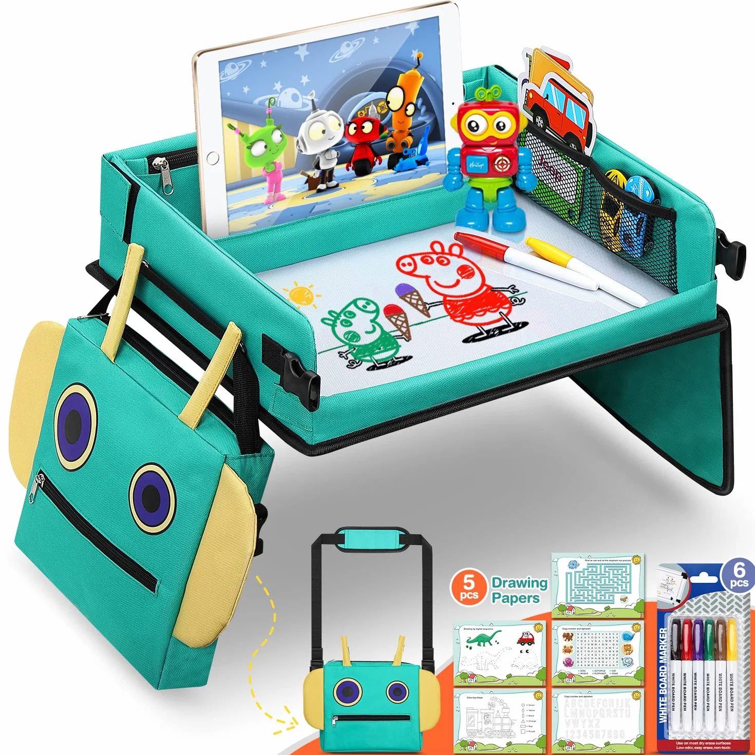 COOLJOY Mesa Coche Niños Bandeja Viaje Impermeable Plegable con Papeles Dibujo Educativo