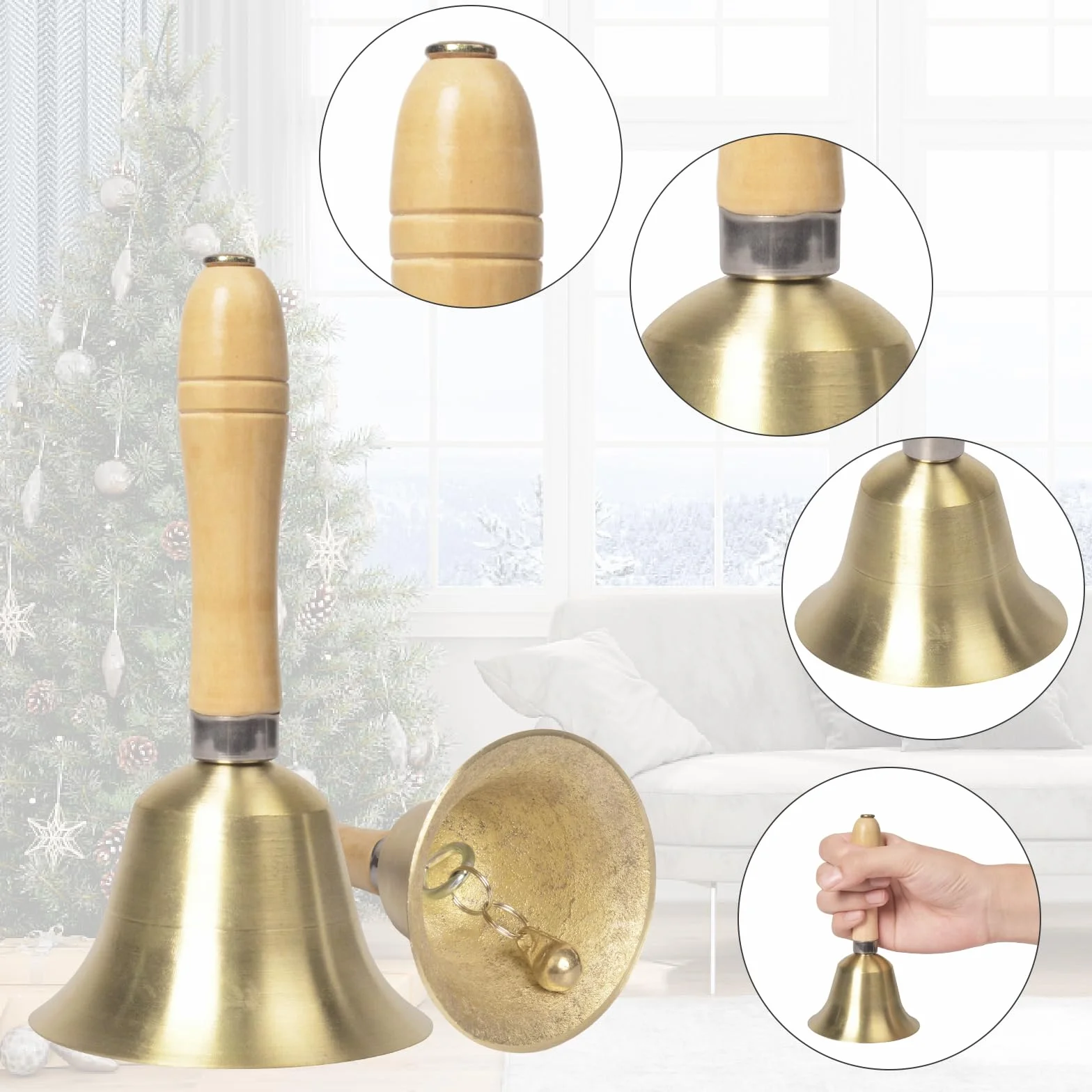 15cm Campana de Mano con Mango, Campana de Mano de latón, Campanillas de Metal, Campana de Llamada de Mano Grande, Campanas de Mano de Papá Noel para el hogar, Fiesta, decoración