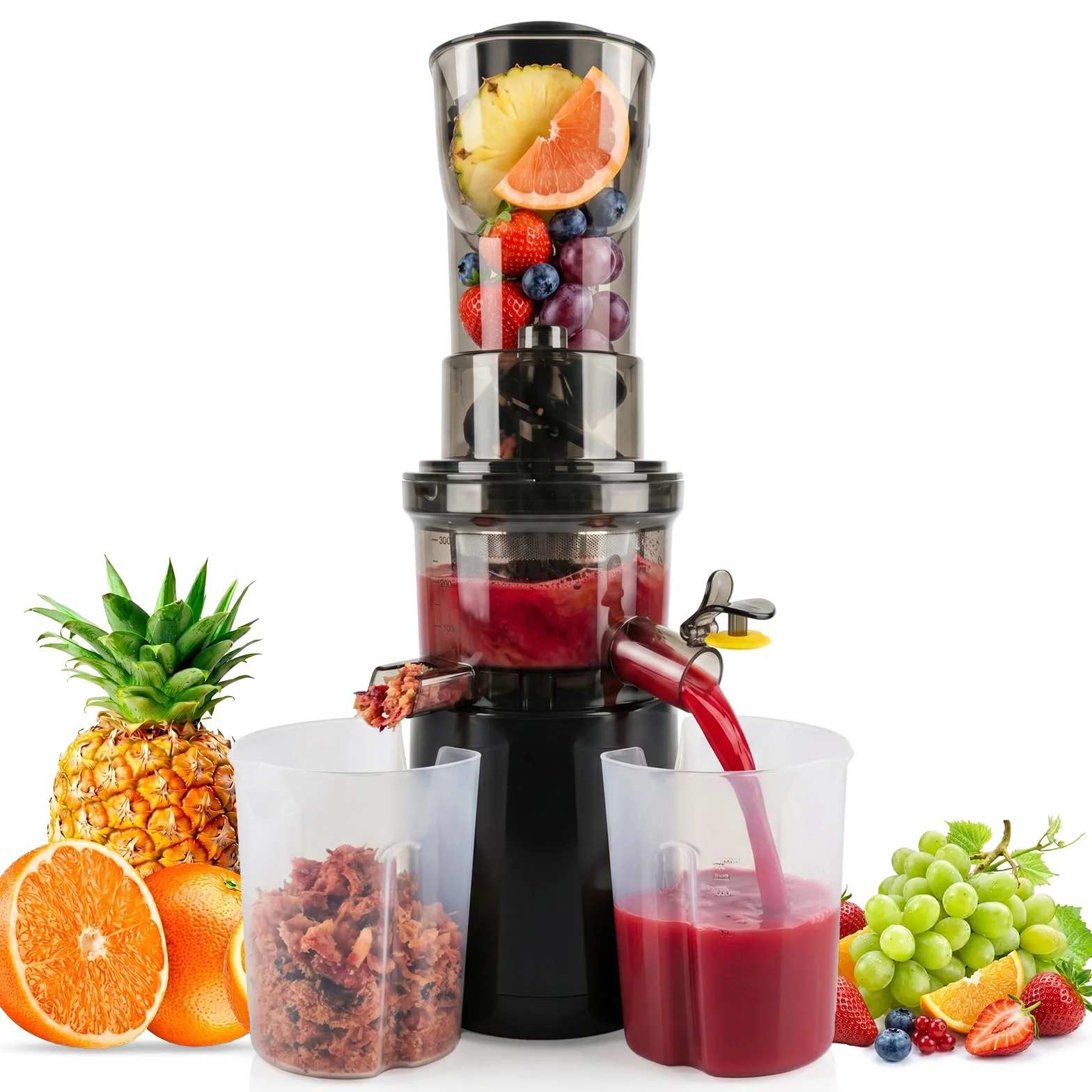 Extractor de zumo 500W con boca XXL 170mm y prensado en frío | Licuadora sin BPA con triple filtro, silenciosa y fácil de limpiar, incluye 2 recipientes y cepillo para frutas y verduras