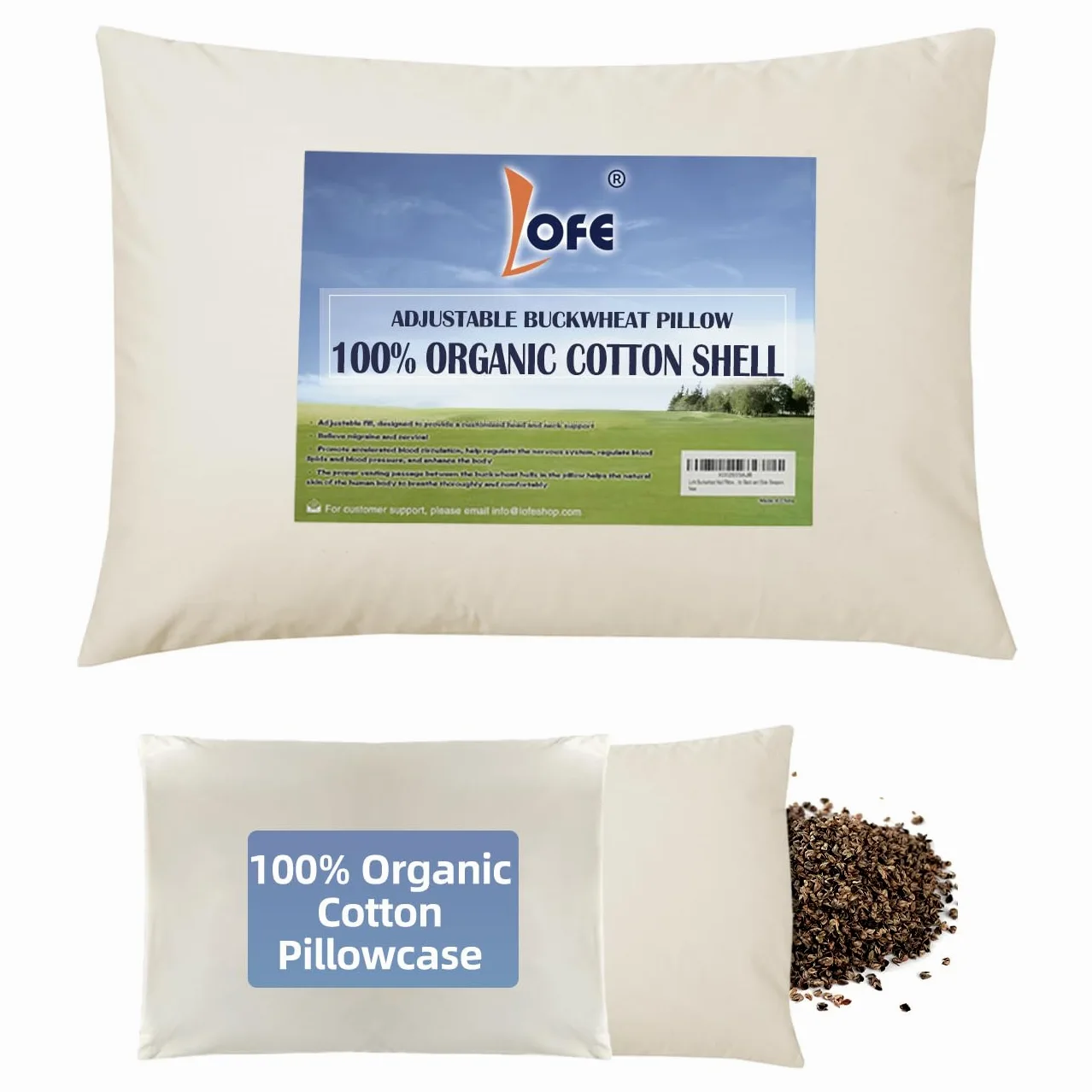 LOFE Almohada orgánica de Trigo sarraceno para Dormir, 14 x 20 Pulgadas, Loft Ajustable, Transpirable para un sueño Fresco, Apoyo Cervical para Personas Que Duermen Boca Arriba y de Lado (cáscaras de