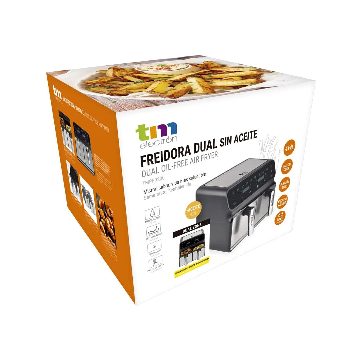 TM Electron TMPFR200 AIRMAXX freidora sin aceite con doble compartimento, capacidad de 8L en total (4L+4L), funciones SYNC y MATCHCOOK, revestimiento antiadherente, 8 programas, pantalla táctil, 1700W