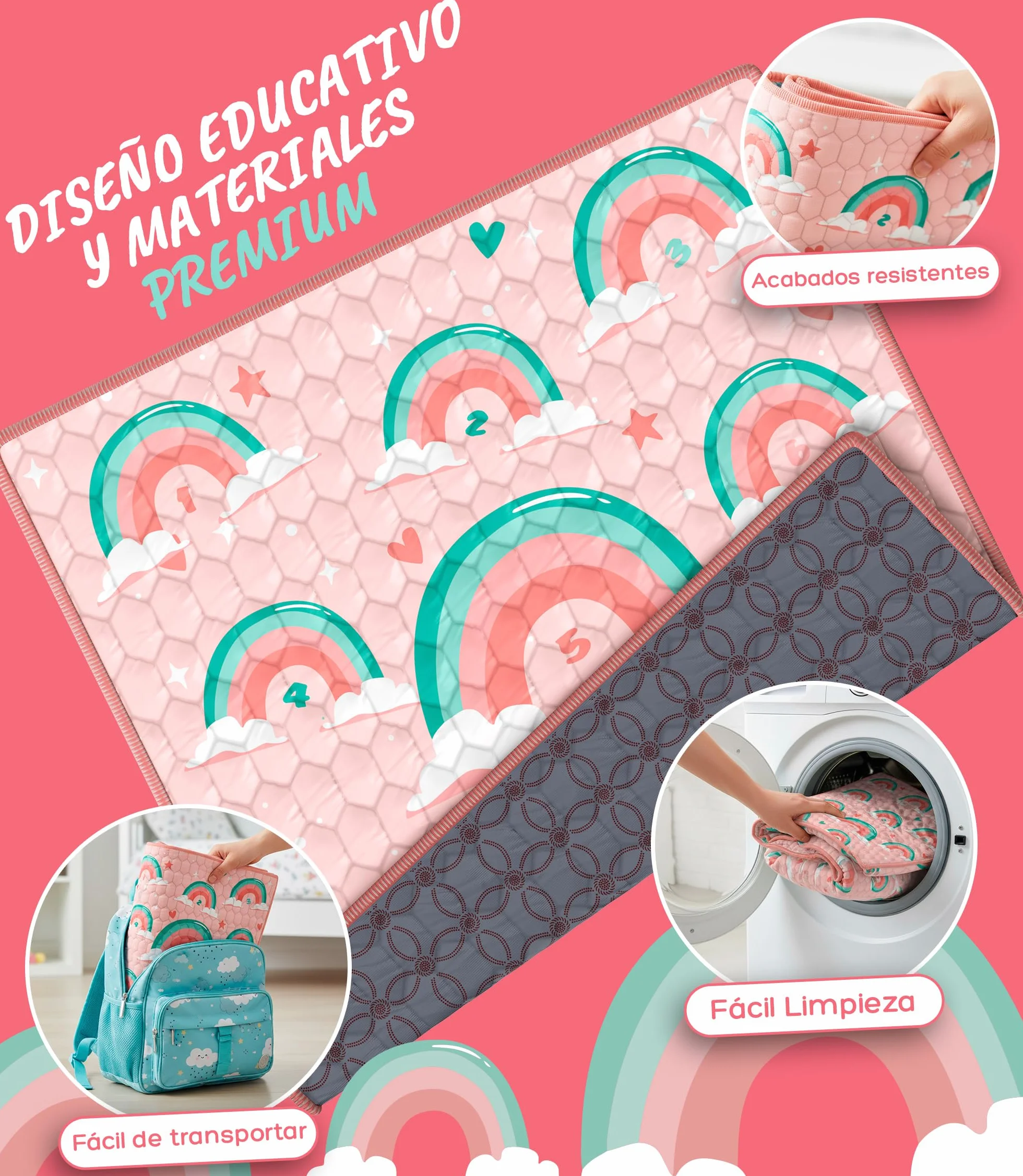 Alfombra Bebe Acolchada 120x120 cm Plegable Antideslizante y Lavable Juegos y Gateo para Suelo Tapete Suave Actividades Montessori Estimulacion Sensorial Infantil Valbabycare