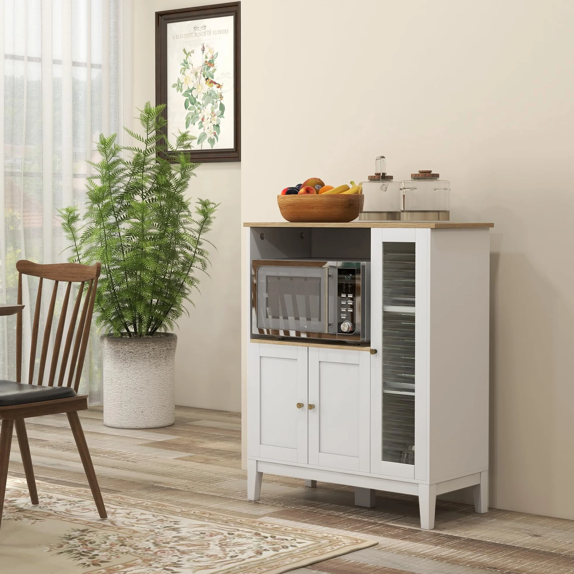 HOMCOM Mueble Auxiliar de Cocina Moderno Mueble para Microondas Aparador de Cocina con Estantes 3 Puertas Compartimiento Abierto y Sistema Anti-vuelco para Comedor 80x35x97 cm Blanco