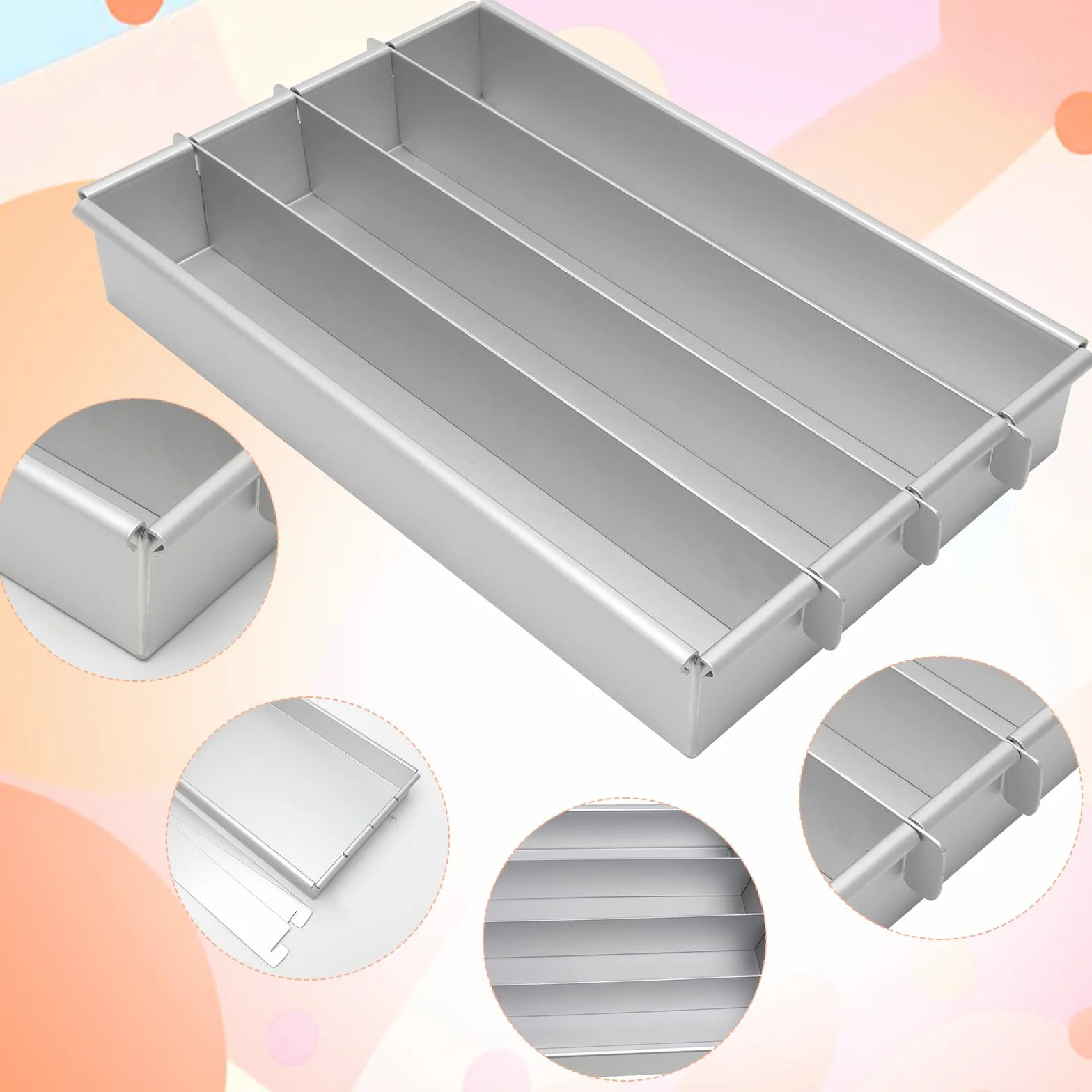 Gohytal Molde para hornear rectangular, ajustable, rectangular, de aleación de aluminio, con 4 compartimentos, molde rectangular para tartas, tostadas, panes, hornear, tartas en capas, tiramisú