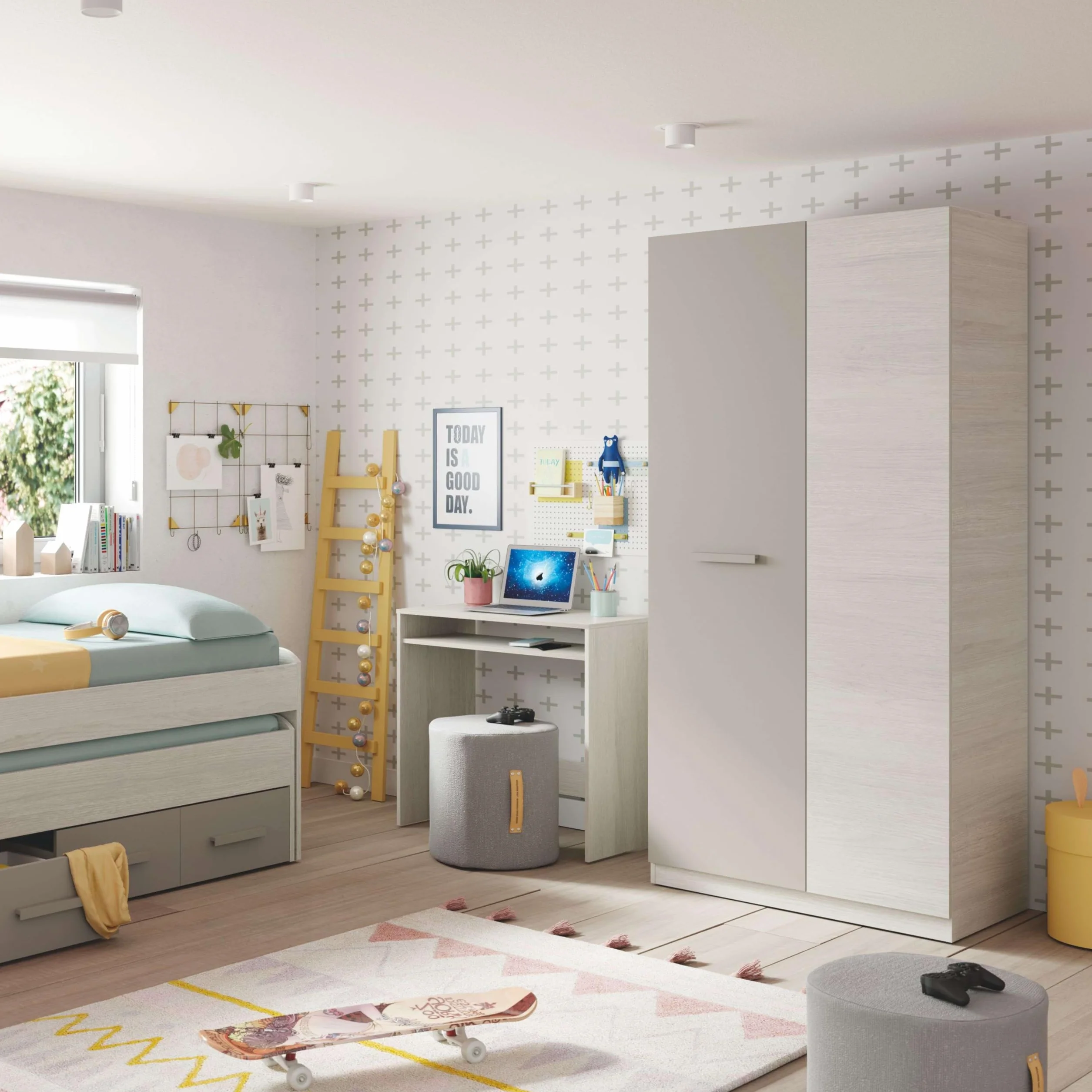 Habitdesign Armario Juvenil, Infantil, Modelo Ares, Acabado en Color Blanco Alpes y Basalto, Medidas: 90 cm (Ancho) x 200 cm (Alto) x 52 cm (Fondo)