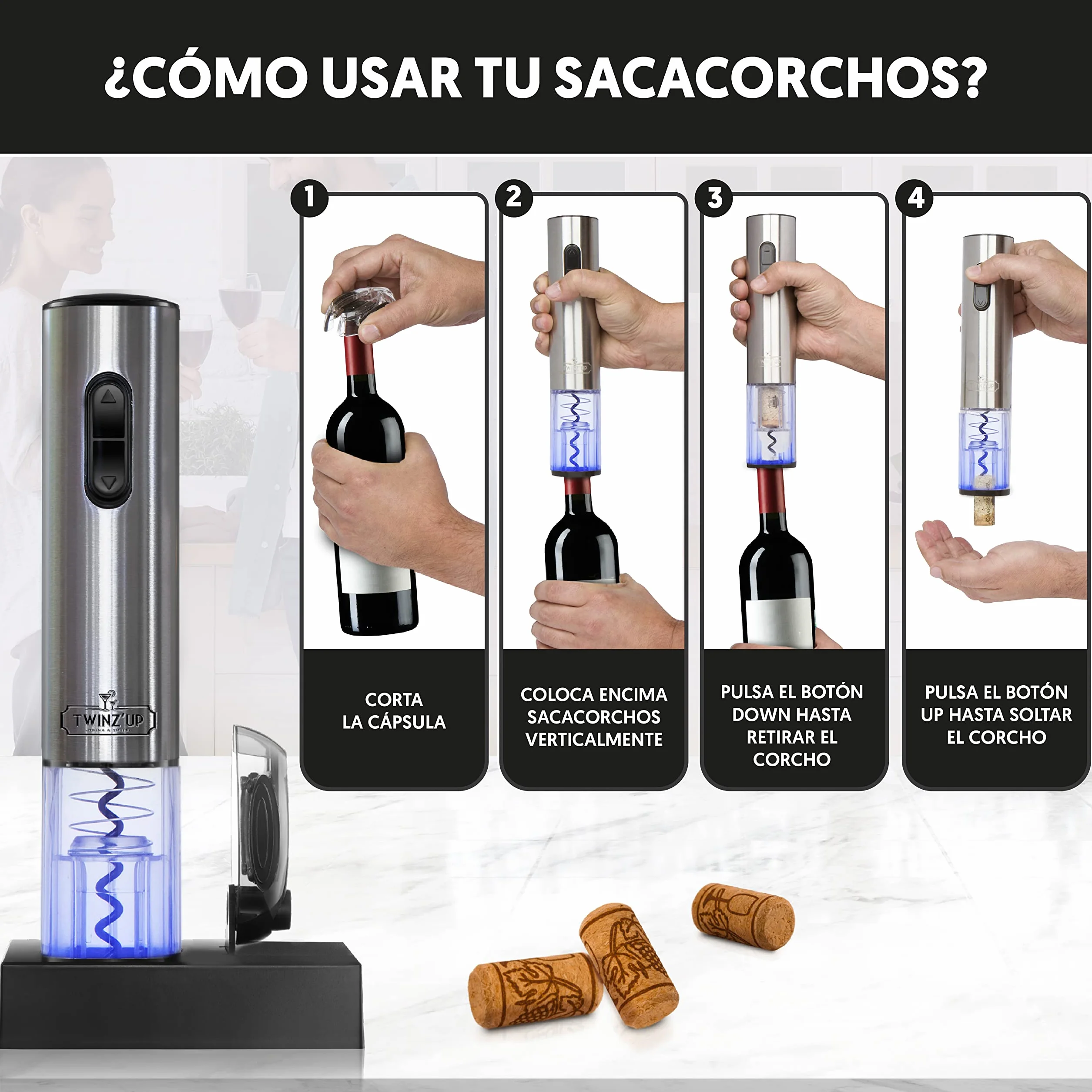 Twinz'up Sacacorchos Eléctrico Inalámbrico - Profesional Abridor de Vino Electrico Recargable (Base de Recarga) con Corta Cápsulas - Caja de Regalo