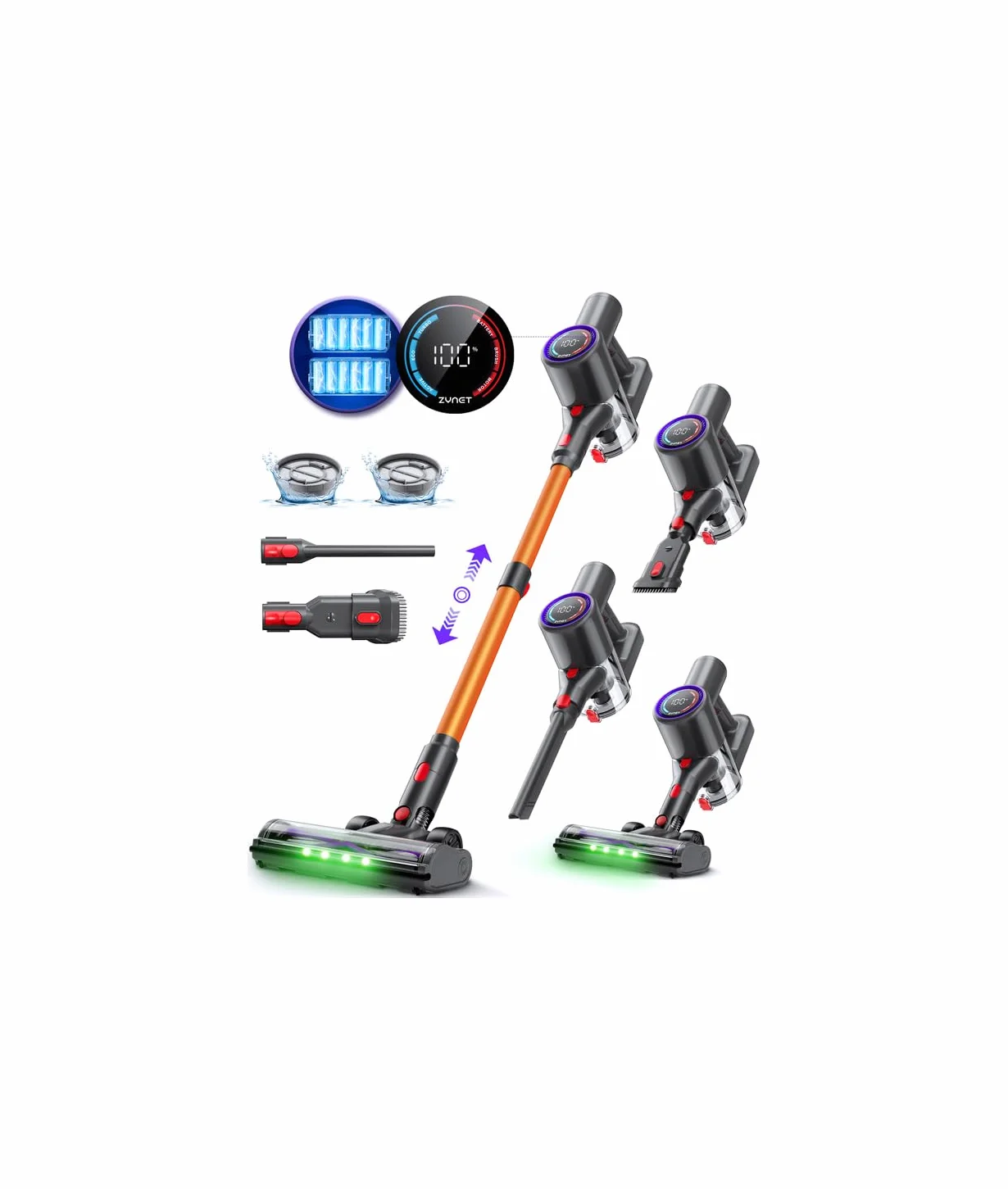 DP2 Aspiradora Sin Cable con Doble Batería, 45KPa/60Min/500W, Pantalla LED, Tubo Telescópico, Autónomo, Luz Verde, Aspiradora Escoba Sin Cable para Pelo de Mascotas/Alfombras/Suelos Duros