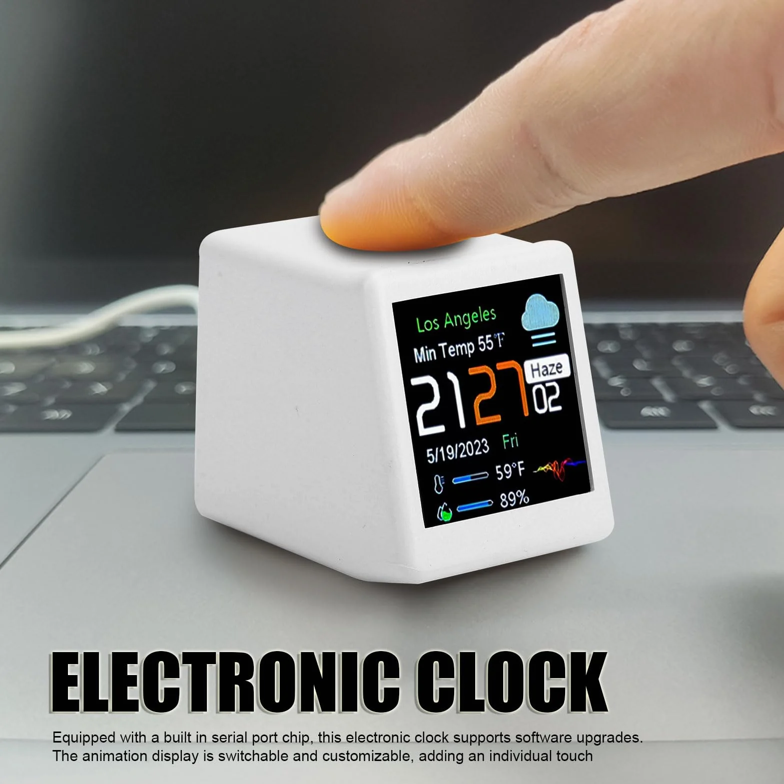Ejoyous Reloj Electrónico Inteligente, Pantalla Digital LCD, con Pronóstico del Tiempo, Temperatura, Calendario, Conexión WiFi, Personalización de Animación, para Escritorio, Hogar (White)