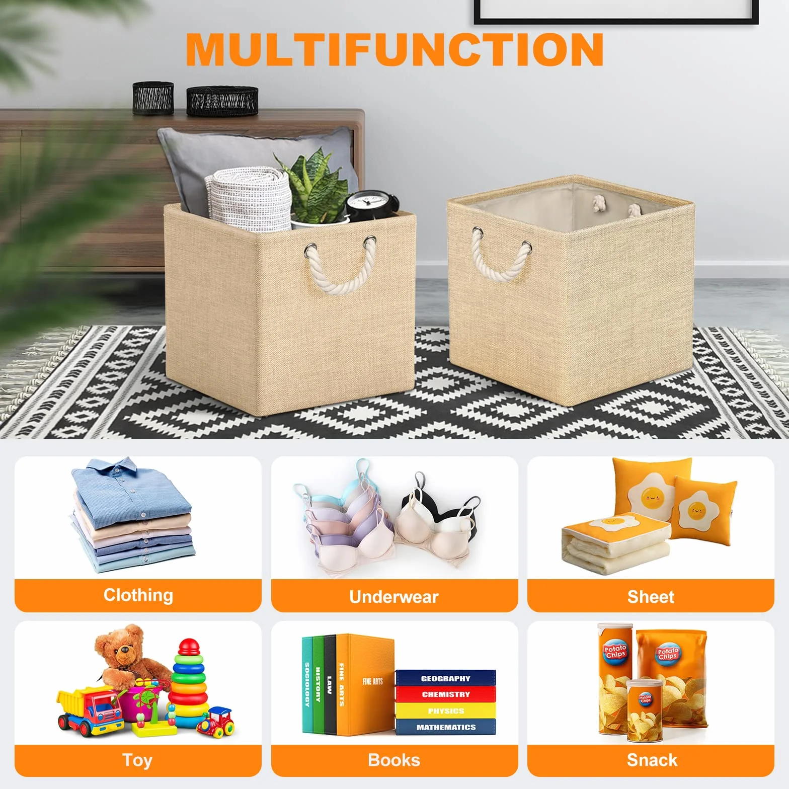 Juego de 4 Cajas Almacenaje, 30 x 30 x 30 cm, Cestas Organizadoras de Tela con Asas, Cubos de Almacenamiento Plegable para Ropa, Juguetes, Libros, Armario y Estanterías (Beige)
