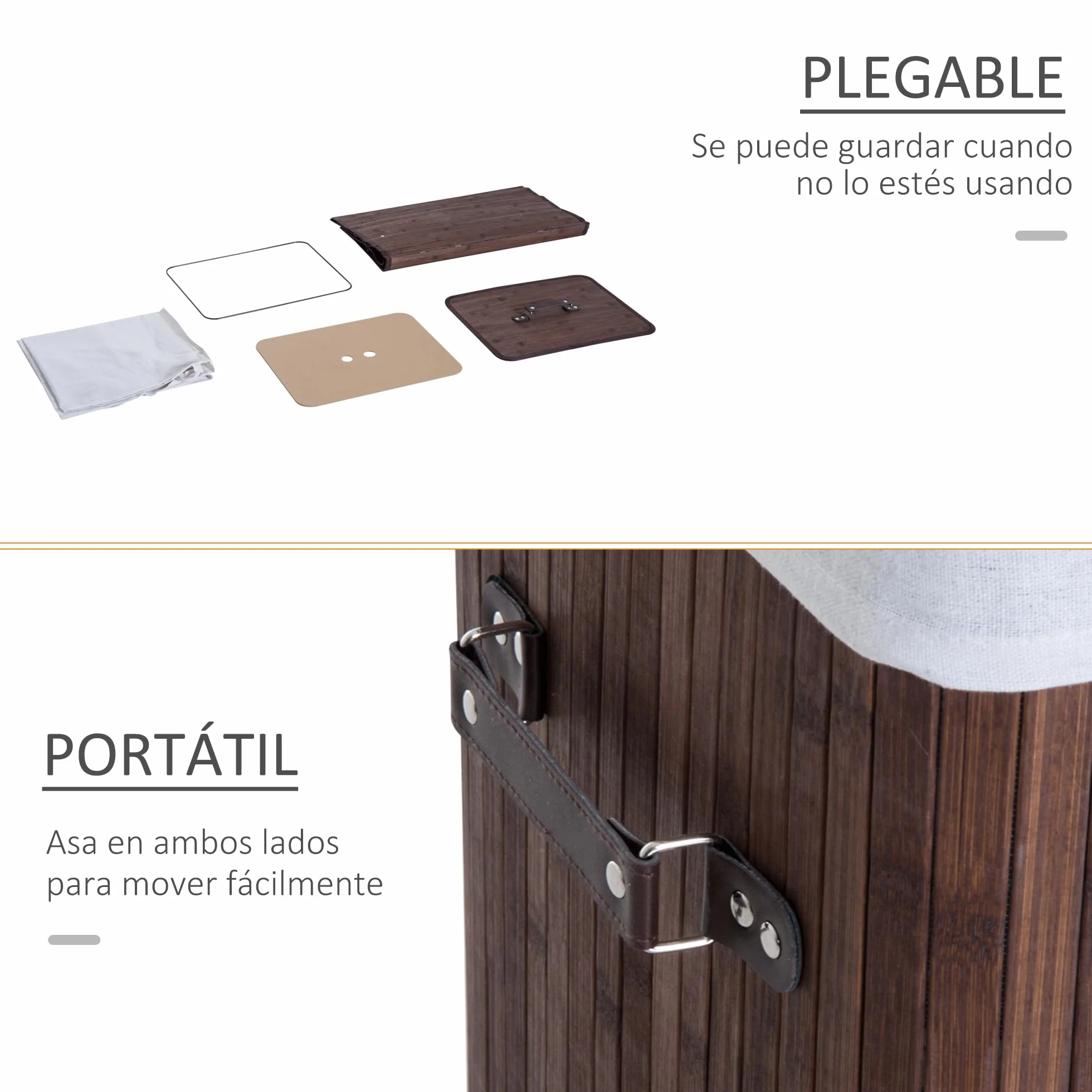 HOMCOM Cesto de Ropa Sucia Plegable con Tapa 67L, Cesta Ropa Sucia de Bambú, 2 Compartimentos, Bolsa Extraíble, para Dormitorio, Baño, Lavandería, 40x30x60 cm, Marrón
