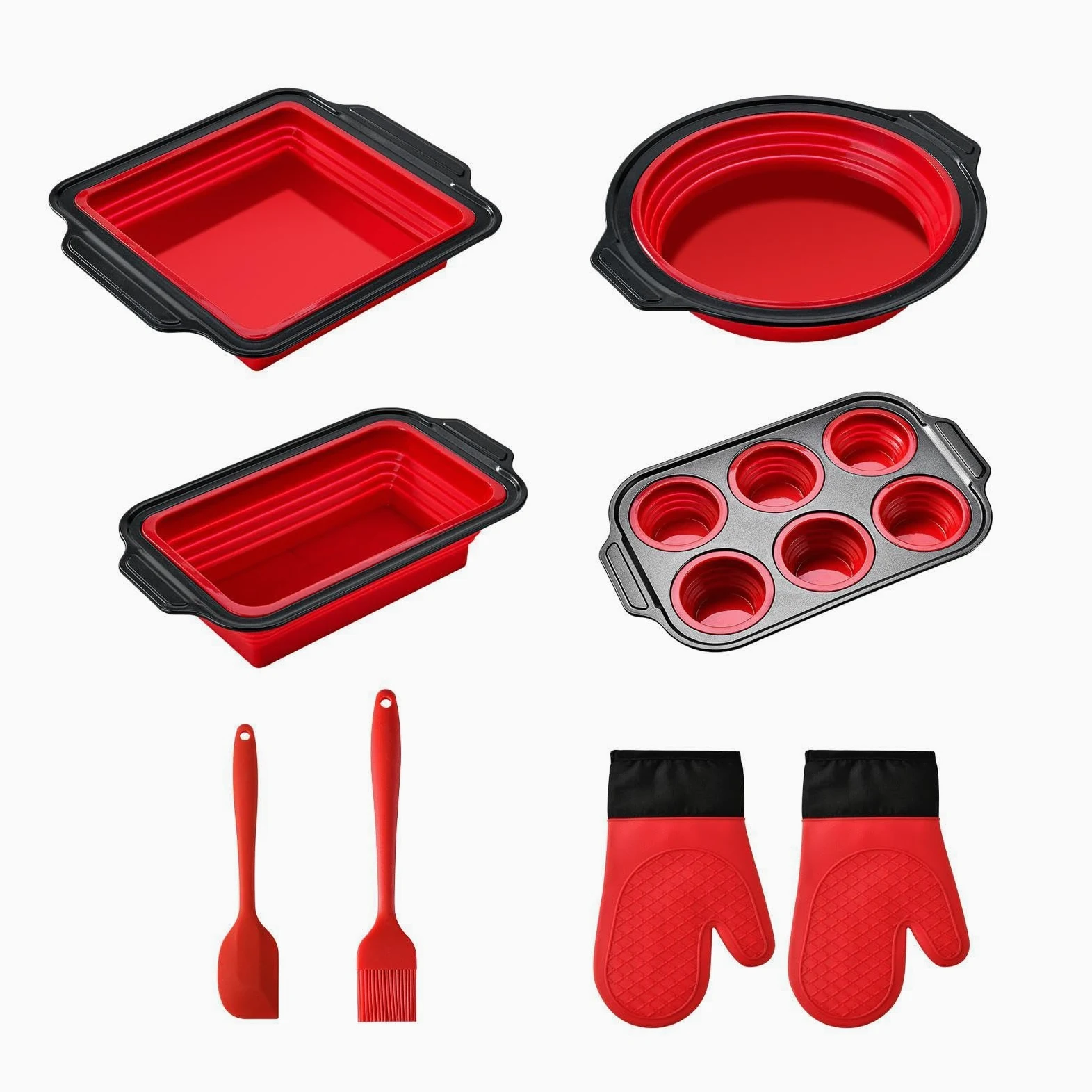 Genérico Molde de Silicona para Hornear Vajilla Flexible para Hornear | Incluye Guante, Espátula y Cepillo Resistente al Lavavajillas, para Magdalenas, Pan, Galletas, Cupcakes, Huevos, Donuts y