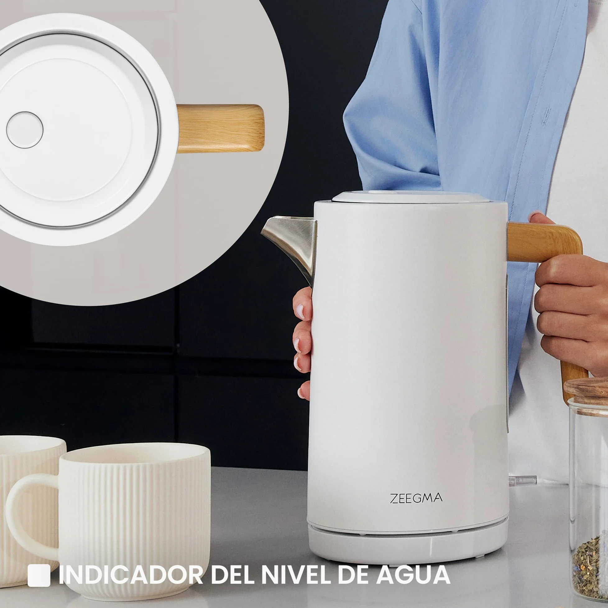 ZEEGMA KETLEE Hervidor de Agua Eléctrico Inalámbrico de 1,7 l para Té Café, Potencia de 2200 W, Indicador de Nivel de Agua, Apagado Automático, Acero Inoxidable Diseño Elegante Moderno