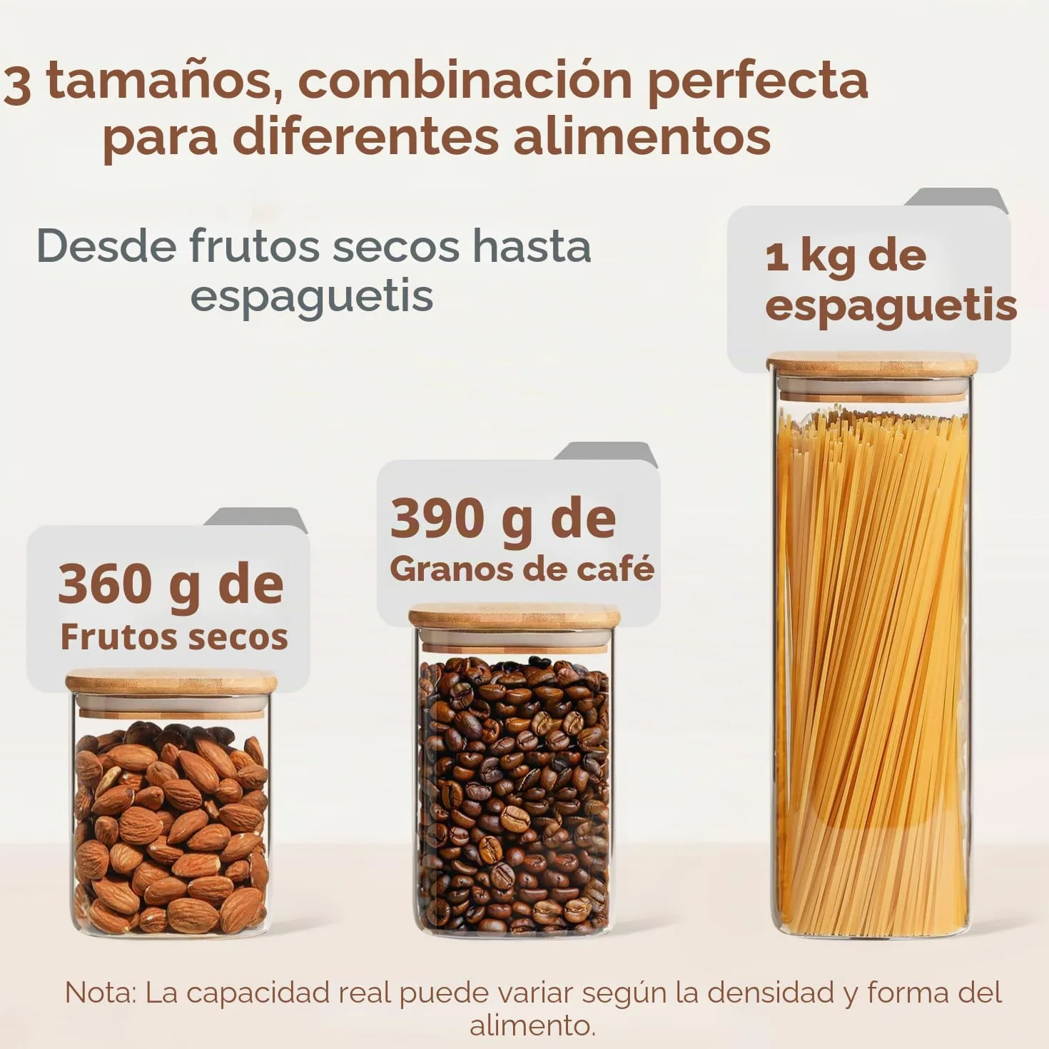 ComSaf Tarros de cristal con tapa 800–2100 ml, pack de 5 para cocina | Frascos de vidrio, Botes cocina almacenaje, Tapas de bambú, Cereales de desayuno, Premios para mascotas, Arena decorativa
