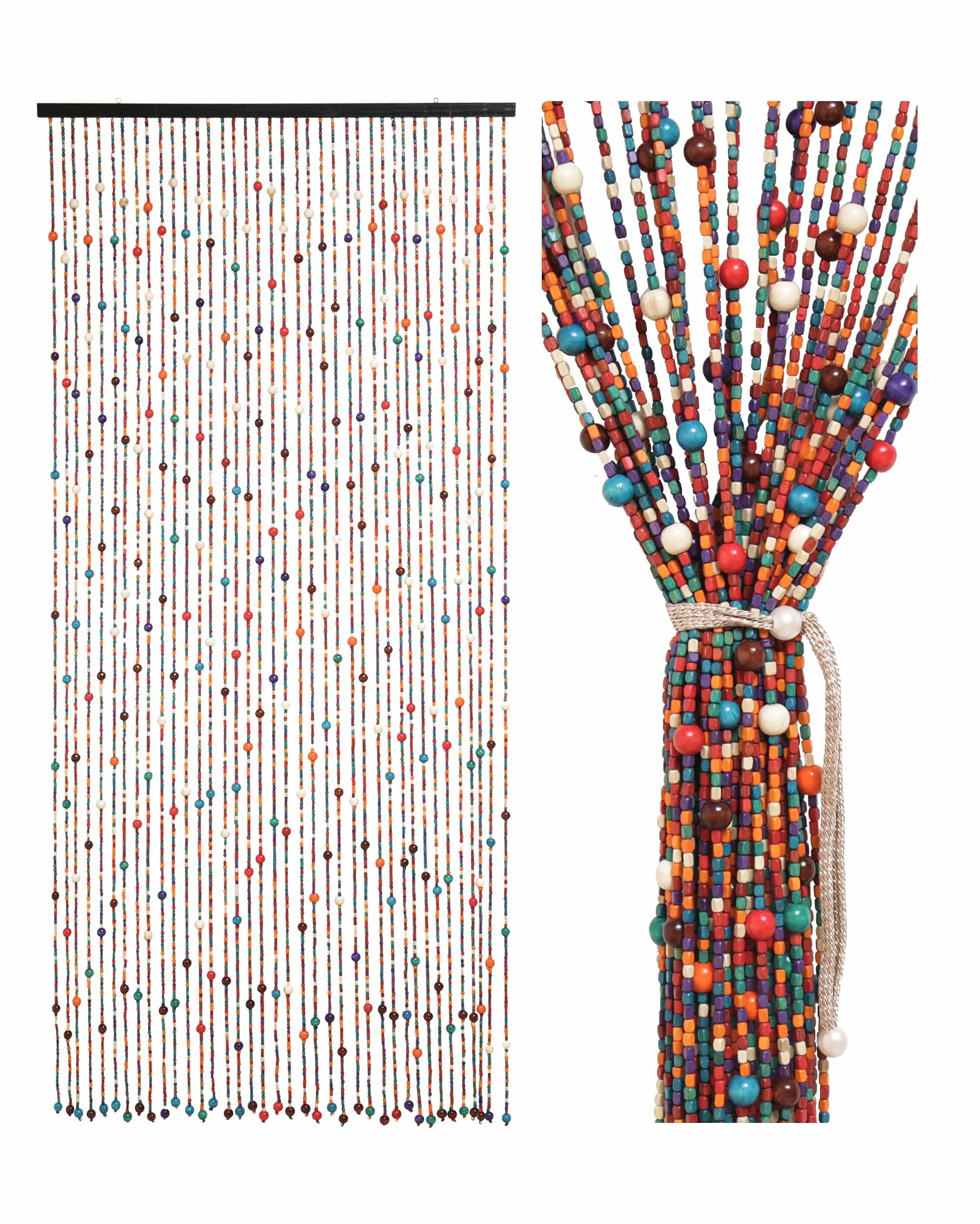 90 x 200 cm cortina de perlas para puerta como decoración y protección contra insectos, 38 hebras, estilo bohemio, cortina de bambú y cuentas de madera para ventanas/habitaciones, multicolor