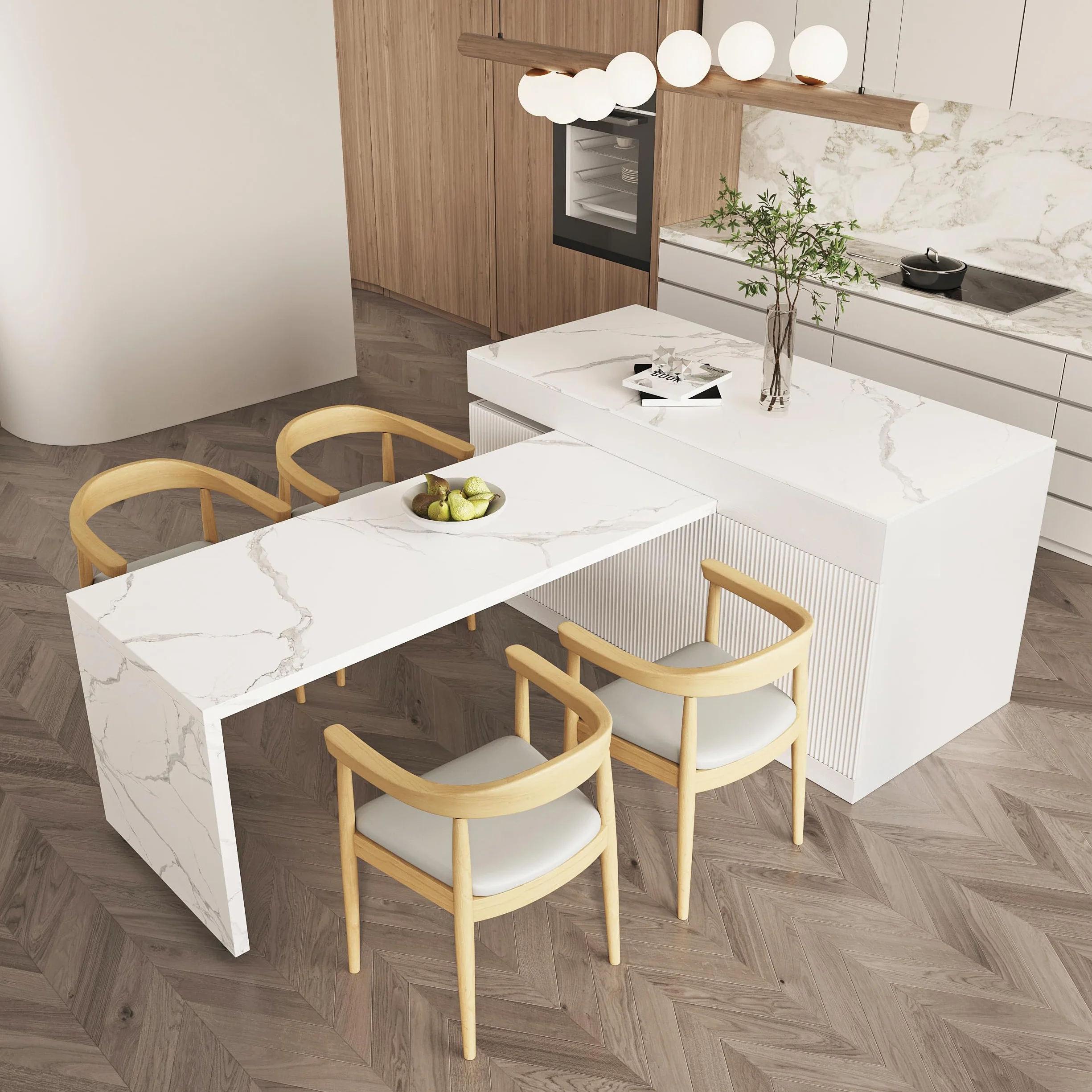 Homary Isla de Cocina Extensible con Almacenamiento múltiple para Cocina y Comedor, hacia la Derecha 205-268cm x 90cm (Blanco Mate y Blanco: Madera de ingeniería, Izquierda: 205-268cm)