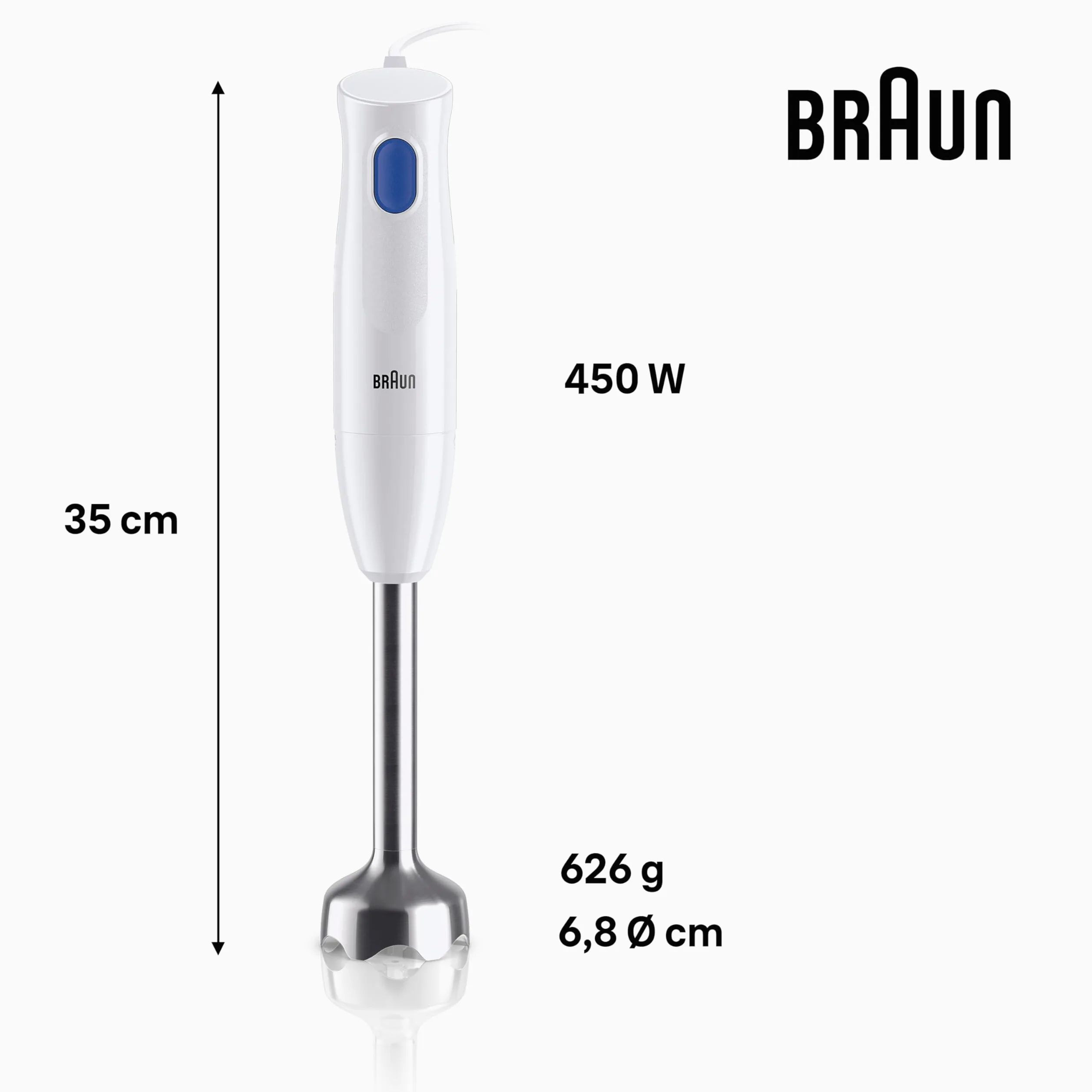 Braun Minipimer MultiQuick 1 - Batidora de mano ligera para sopas, batidos y papillas para bebé, 1 velocidad, vaso medidor 600 ml, 450W, blanco (MQ10.001MWH)
