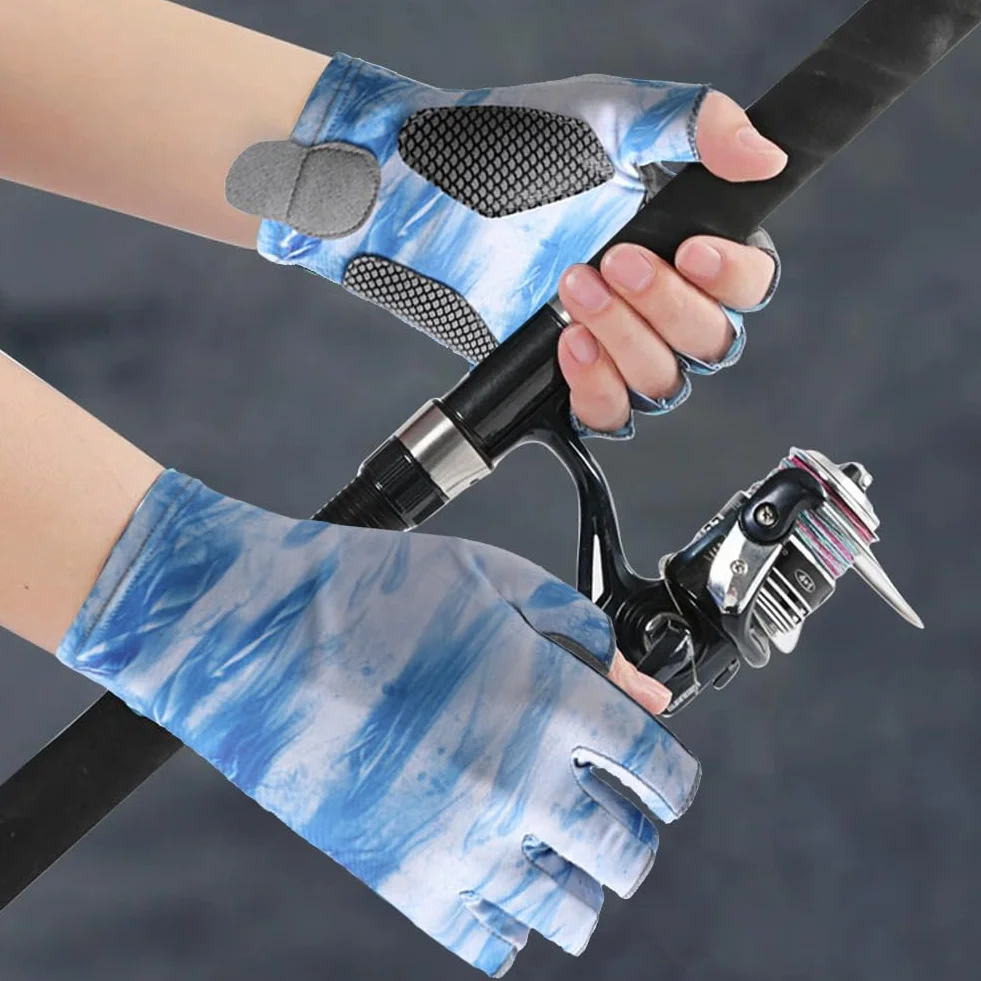 Guantes de Pesca sin Dedos Protección Solar Caza Camuflaje Antideslizantes Deportivos Ciclismo (Azul, XL)