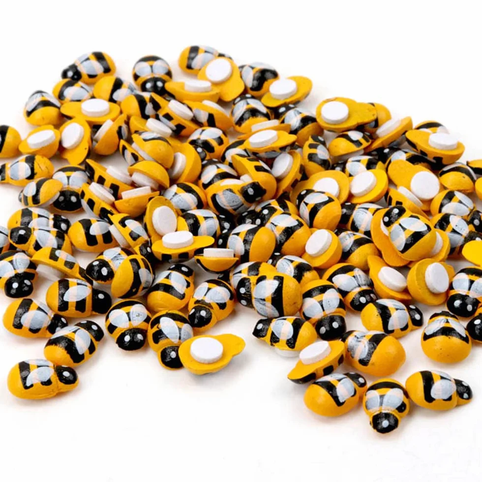 200 piezas de abejas pequeñas de madera, autoadhesivas, pintadas, parte trasera plana, bloque de abejorro, decoración de álbumes de recortes, decoración y manualidades