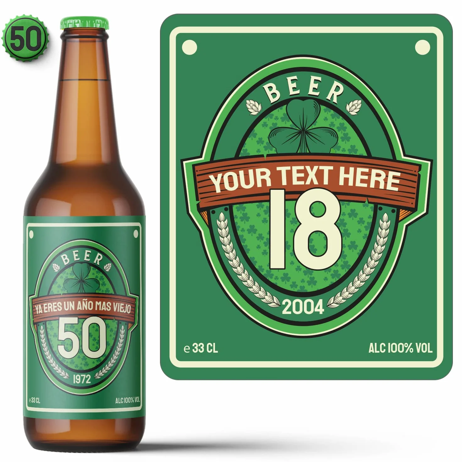 Pack de 6 Etiquetas Personalizadas para Botellas de Cerveza, con Texto y Edad, Pegatinas Pub Irlandés, Resistente al Agua y Hielo, Ideal para Cumpleaños y Fiestas, Tamaño a Elegir: 20cl, 33cl, 1L