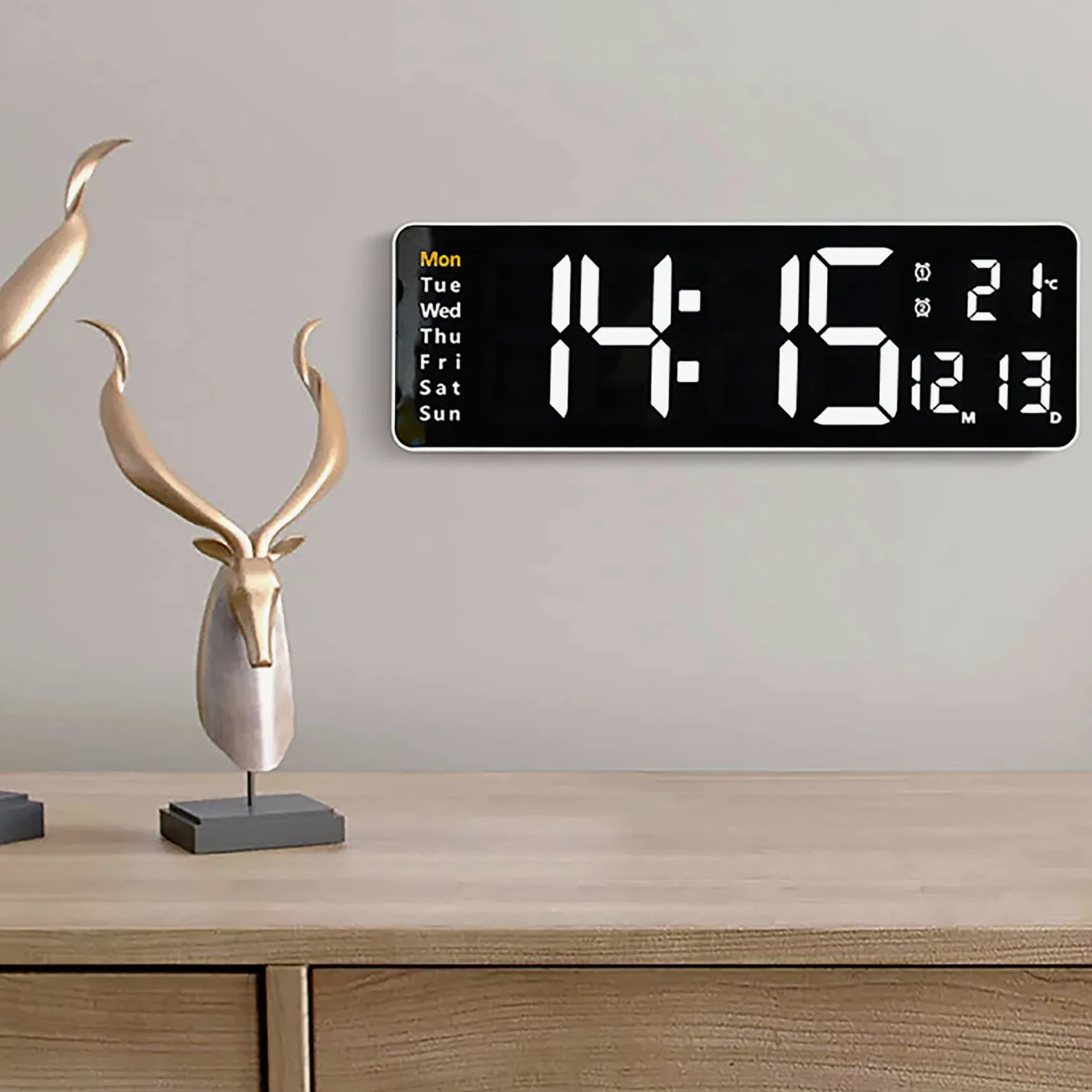 LED Reloj de Pared Digital, Reloj con Control Remoto, 10 Niveles de Ajuste de Brillo, Reloj Despertador con día/Fecha/Temperatura para el hogar Aula,White Shell,Blue Light
