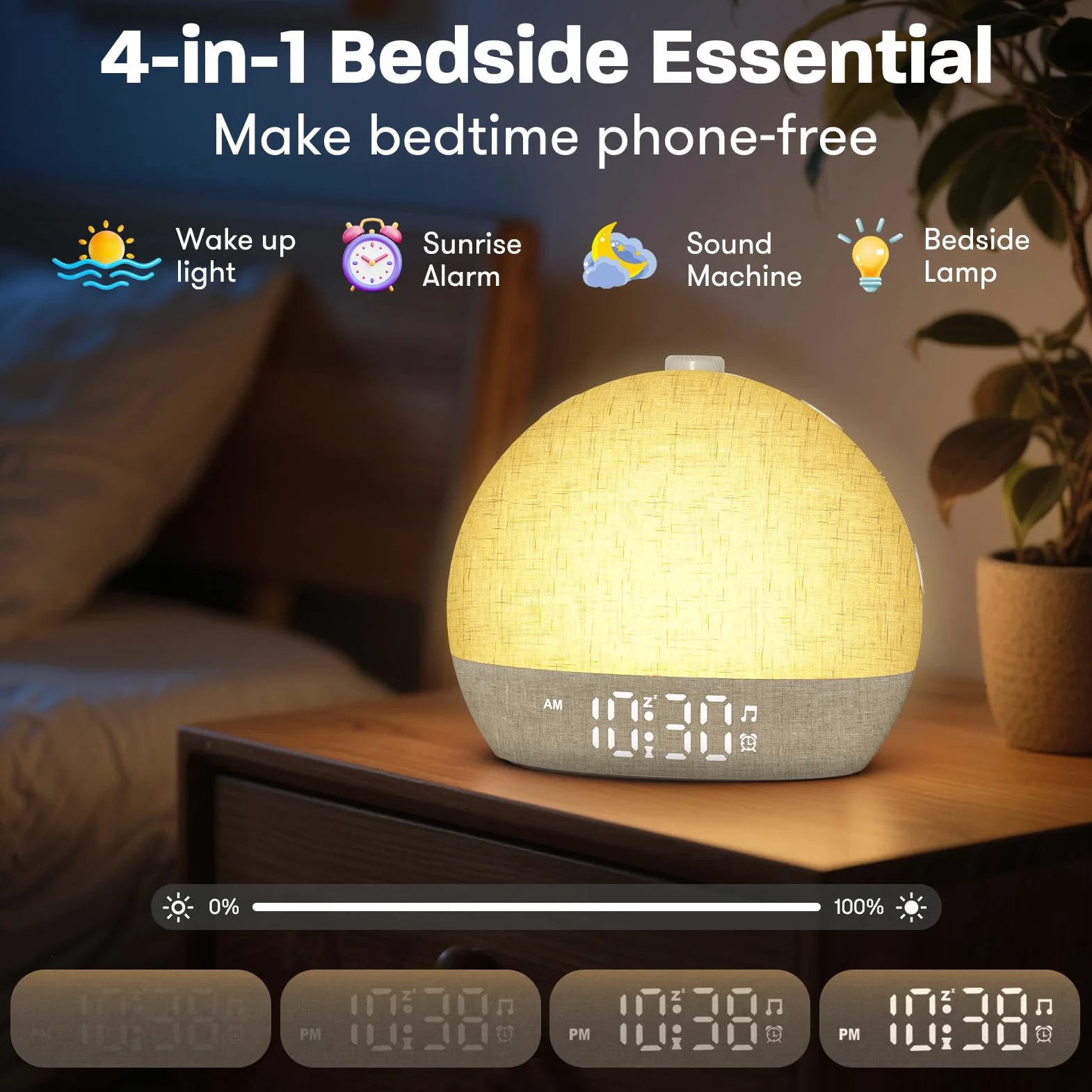 Reloj despertador con luz de amanecer, máquina de sonido de ruido blanco con 30 sonidos relajantes, luces nocturnas regulables, ayuda para dormir, repetición, temporizador, reloj despertador fuerte