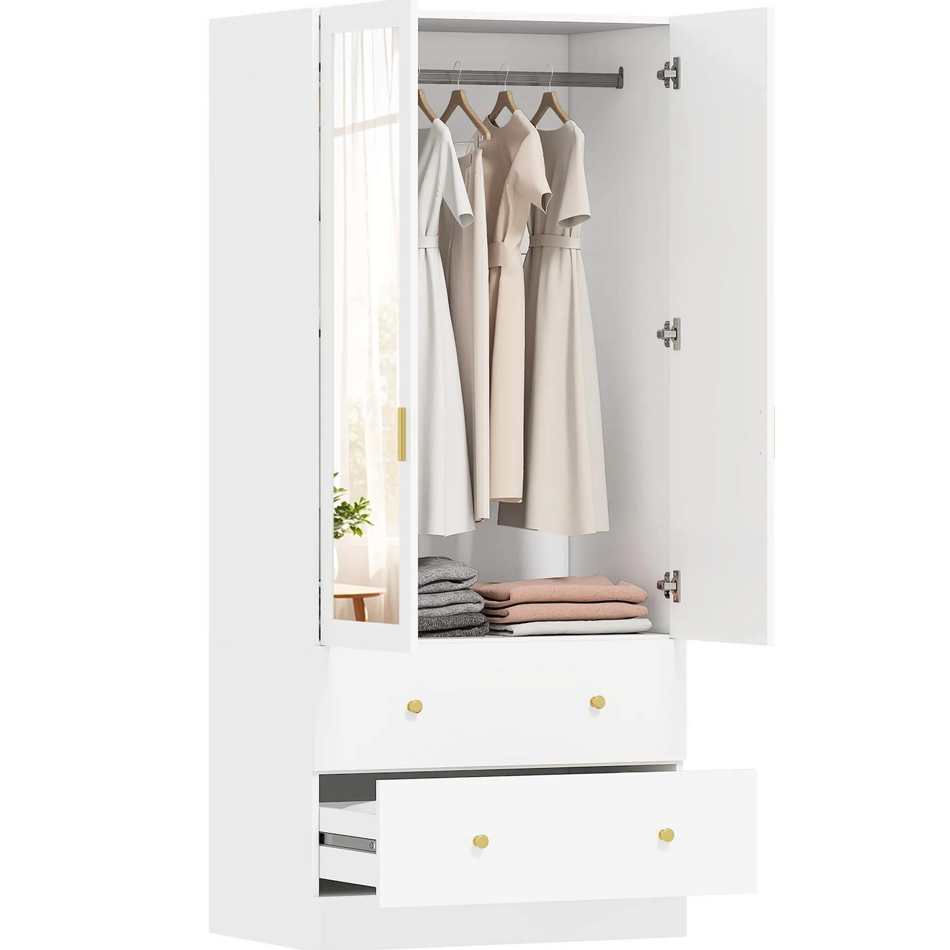 HOMCOM Armario Dormitorio 2 Puertas y 2 Cajones, Armario Ropero con Espejo, Barra para Colgar, Estilo Moderno, 80x50x180 cm, Blanco