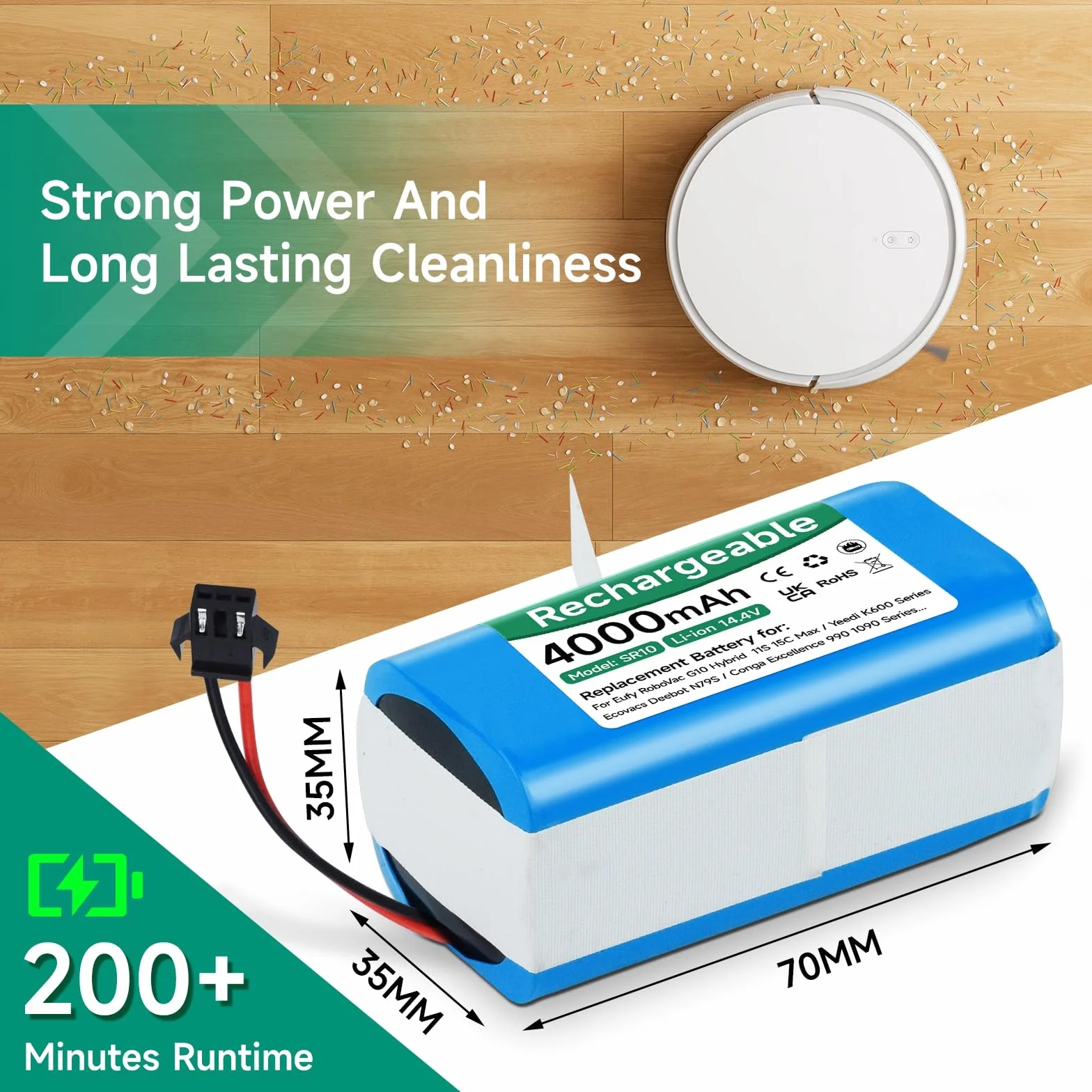 4000mAh 14,4V Batería para Conga 990 1090 1790,Conga 2290 Ultra,Venga RVC 3000, Neatsvor x500,Ikonhs netbot S14/S15,Proscenic 850T, Ultenic D5/D5s,Tesvor S6/X500,Eufy RoboVac 11s/30c/G10