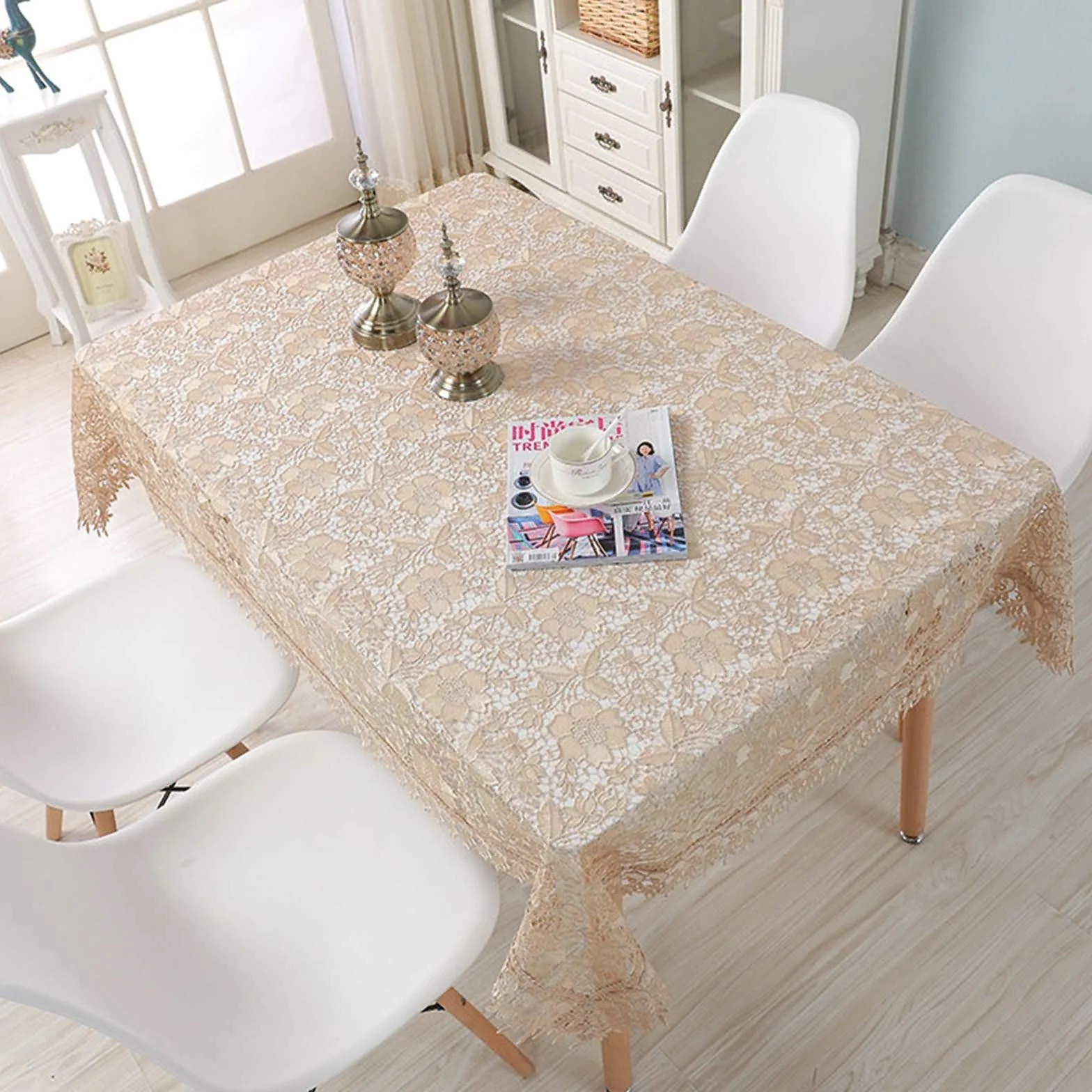 Mantel Rectangular Caqui para Mesa, Bordado de Flores, de Poliéster Fácil de Limpiar, 150 x 250 cm, Mantel para Jardín y Terraza